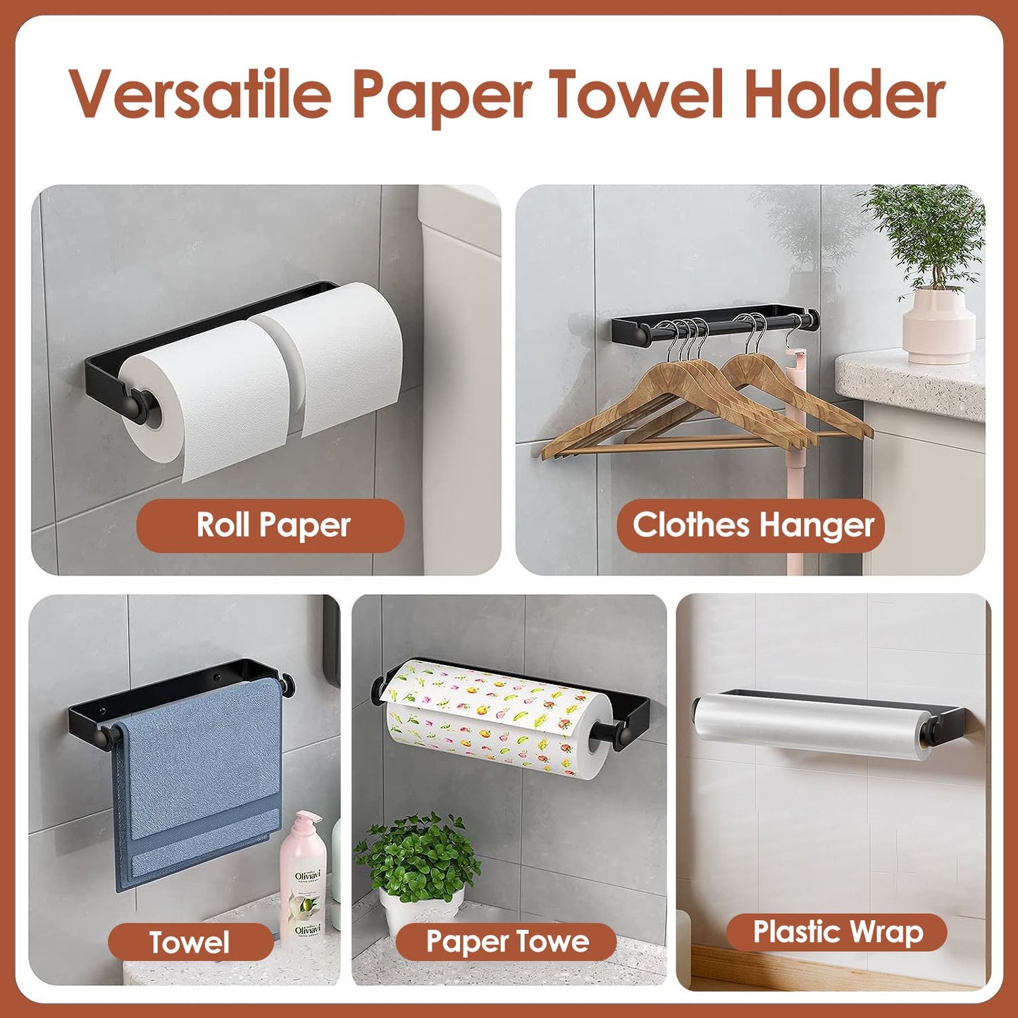 Versatile paper towel holder with multiple features including a roll paper holder, clothes hanger, towel rack, paper towel dispenser, and plastic wrap storage, displayed in a modern kitchen setting.