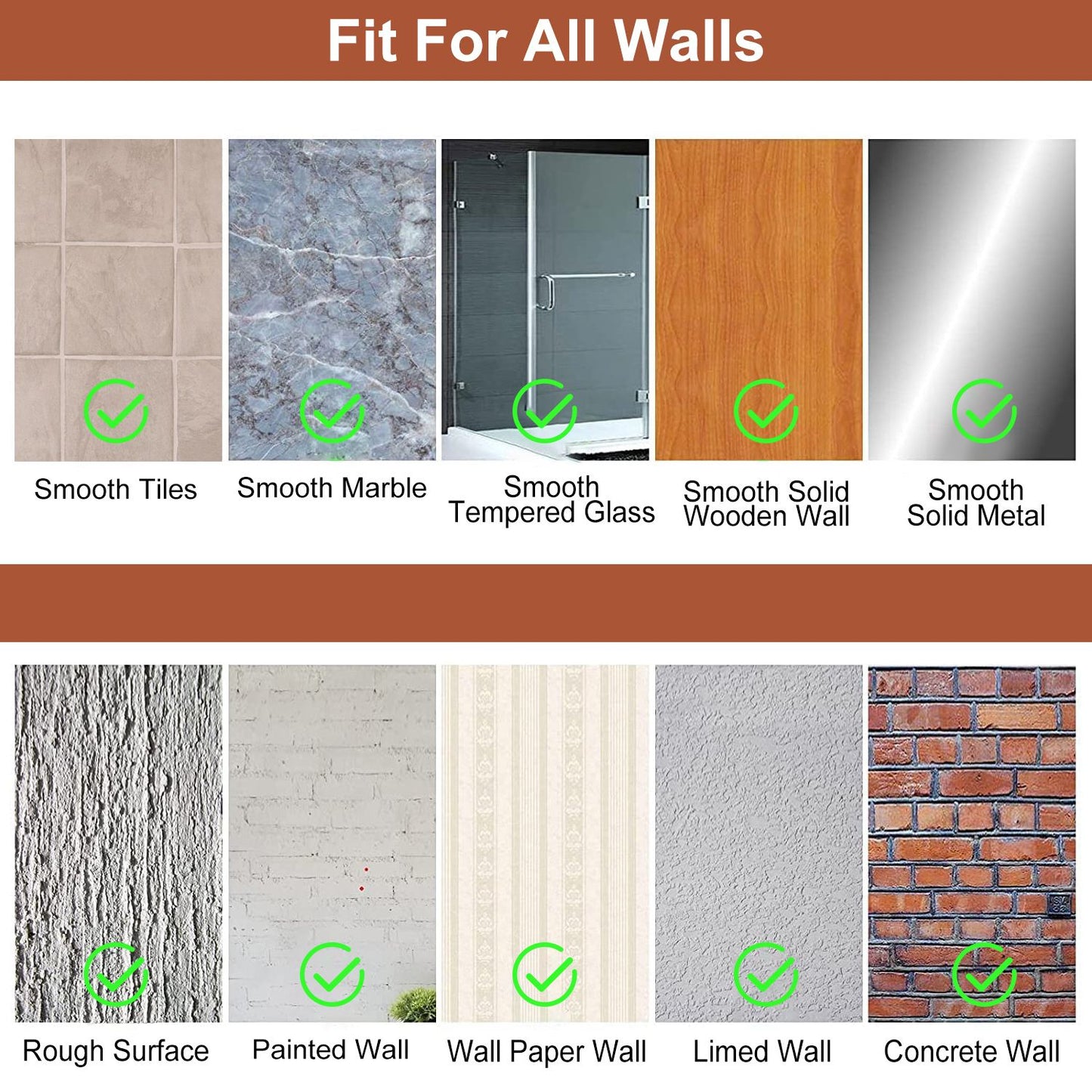 Illustration showing various wall types suitable for product application, including smooth tiles, smooth marble, tempered glass, solid wood, and metal, as well as rough surfaces, painted, wallpapered, limed, and concrete walls, all marked with green checkmarks for compatibility.