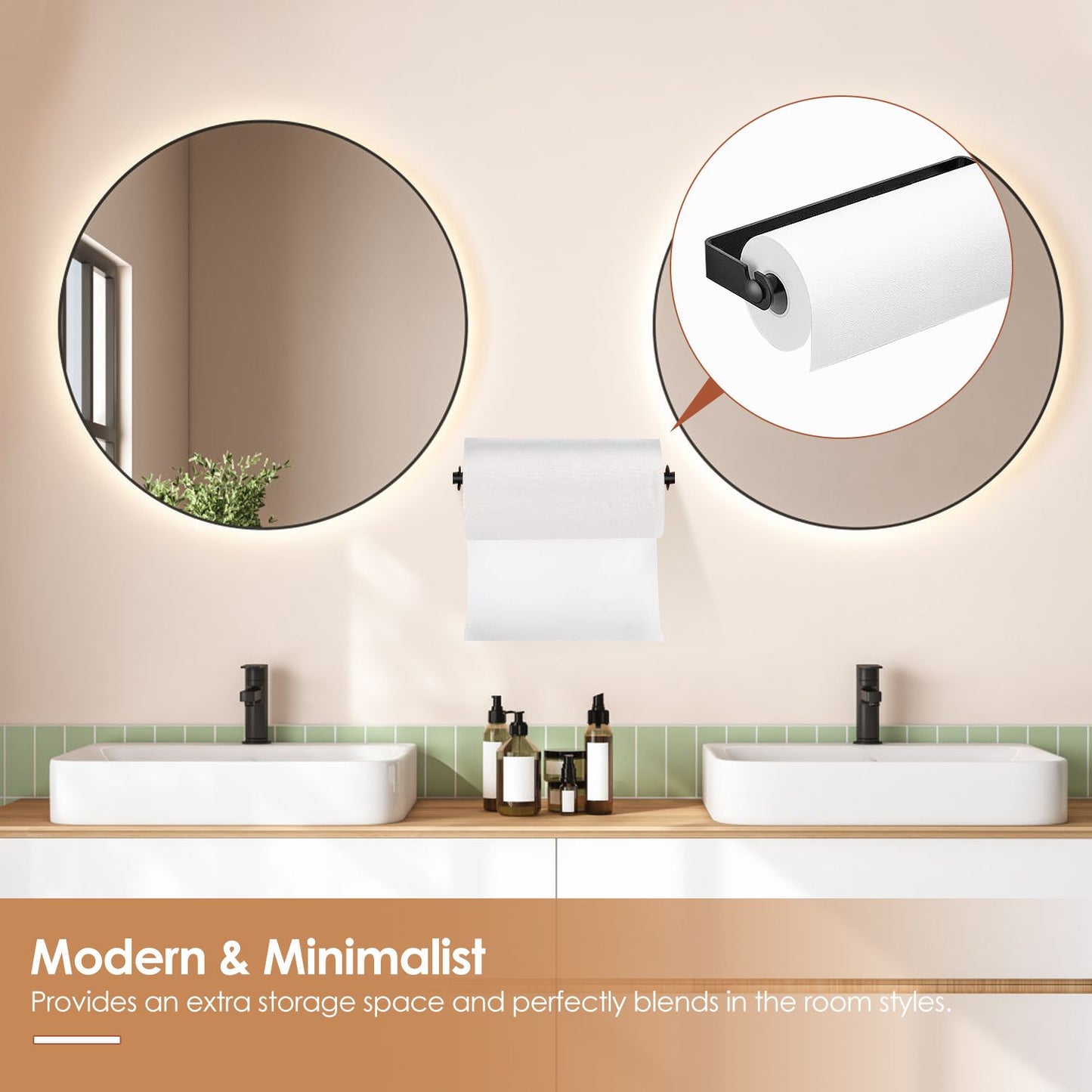 Modern white paper towel holder mounted on a wall in a stylish bathroom with circular mirrors, green tiled backsplash, and decorative bottles, showcasing minimalist design and extra storage space.