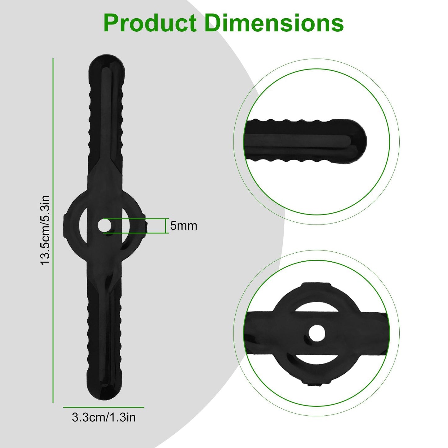Black plastic tool with dimensions labeled, measuring 13.5 cm (5.3 in) in length, 3.3 cm (1.3 in) in width, and a 5 mm circular hole in the center, featuring textured grip surfaces.