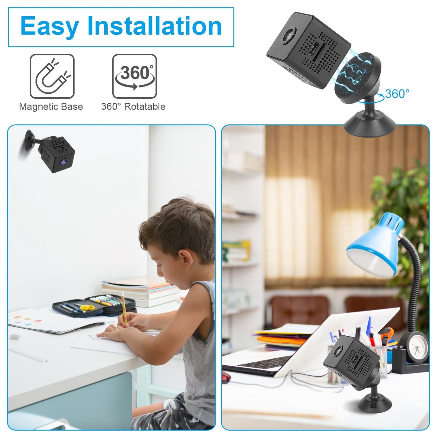 Compact magnetic camera with 360-degree rotation, displayed alongside a child studying at a desk, showcasing versatile easy installation options.