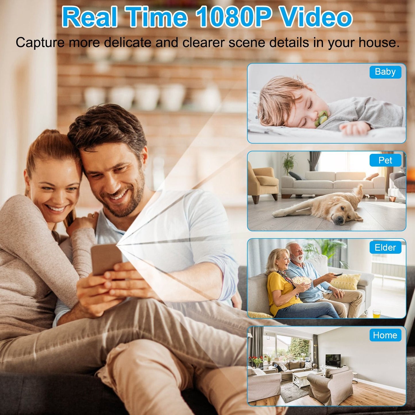 Couple enjoying time together on a couch while using a smartphone, showcasing a product that captures real-time 1080P video for monitoring babies, pets, elderly, and home environments.