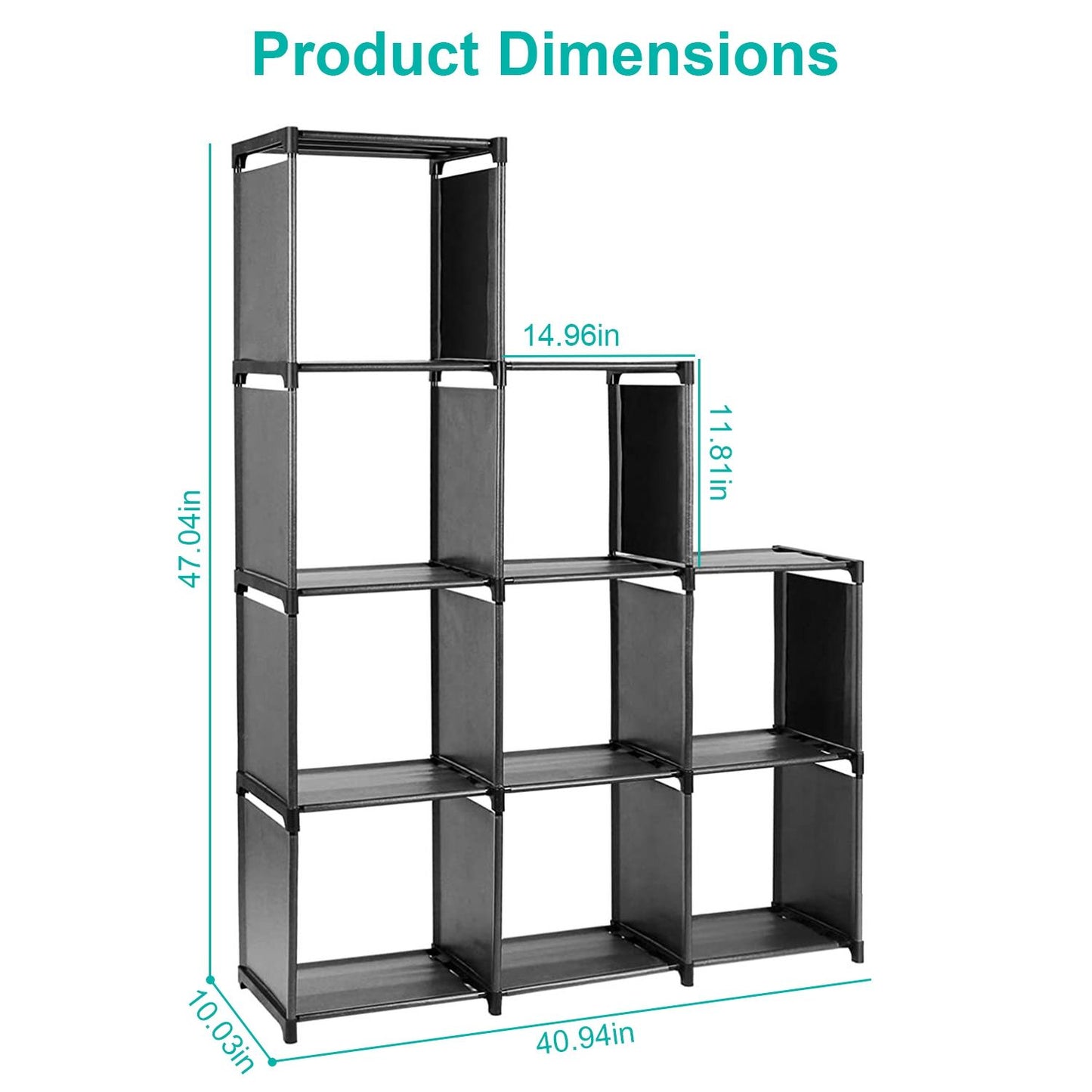 Black shelving unit with product dimensions labeled: height 47.04 inches, width 40.94 inches, depth 10.03 inches, and shelf height 11.81 inches, ideal for organizing and storage.