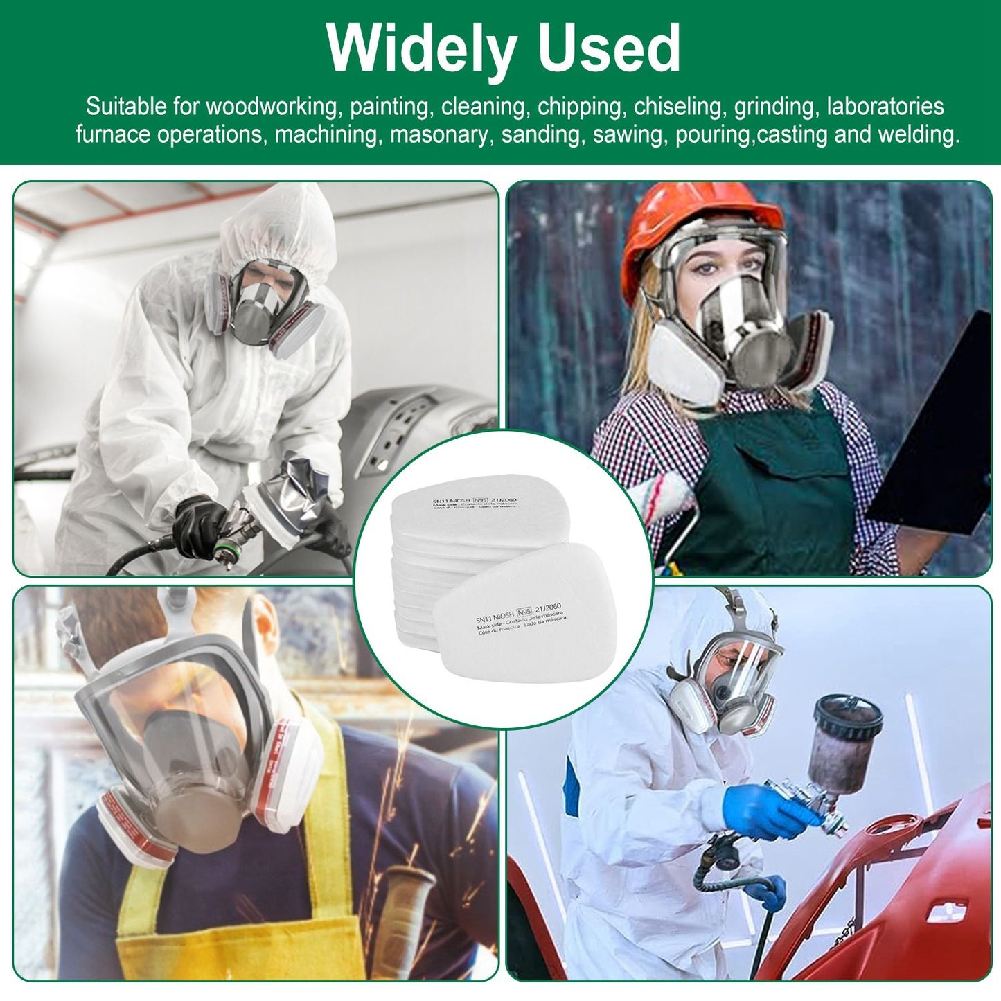 Multi-use respirator masks shown in a collage, featuring diverse individuals engaged in woodworking, painting, and welding tasks, highlighting their versatility and protective features for various DIY and industrial applications.