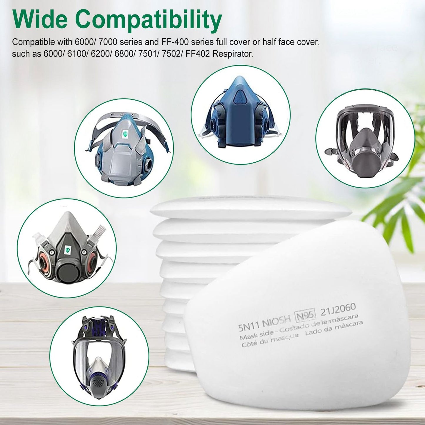 Image showing compatibility of N95 respirator filters with various mask models, including full and half face covers, surrounded by a stack of filters.