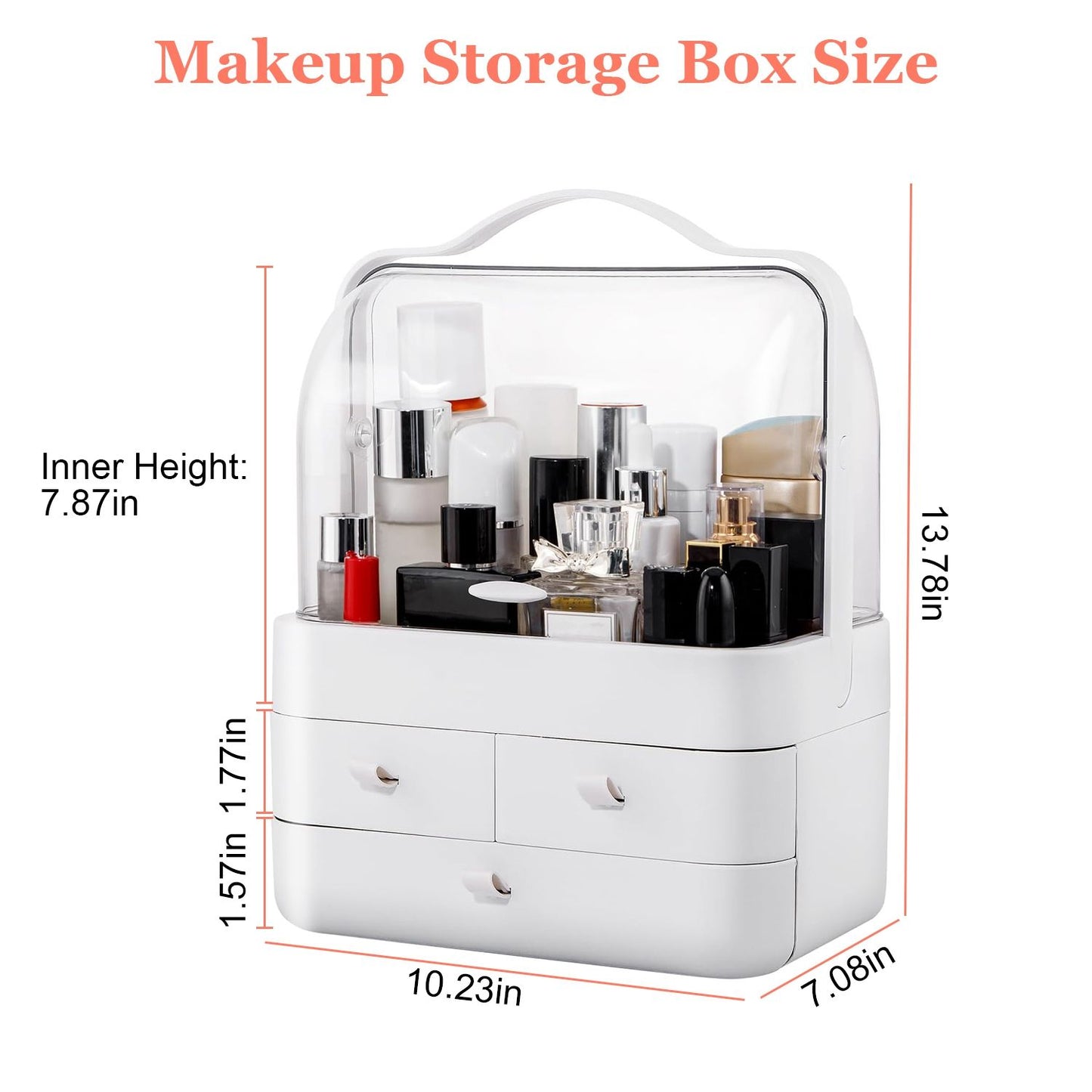 Makeup storage box featuring a clear top and multiple drawers, showcasing various cosmetic products, dimensions displayed: 13.78 inches tall, 10.23 inches wide, 7.08 inches deep, with an inner height of 7.87 inches and drawer height of 1.57 inches.