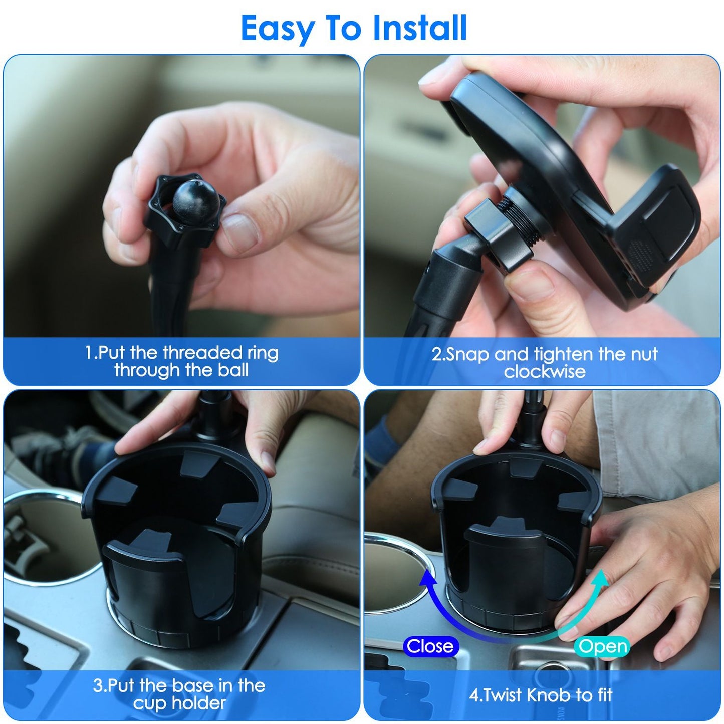 Step-by-step installation guide for a car cup holder mount showing hands assembling parts, including a threaded ring, nut, and base for easy setup.