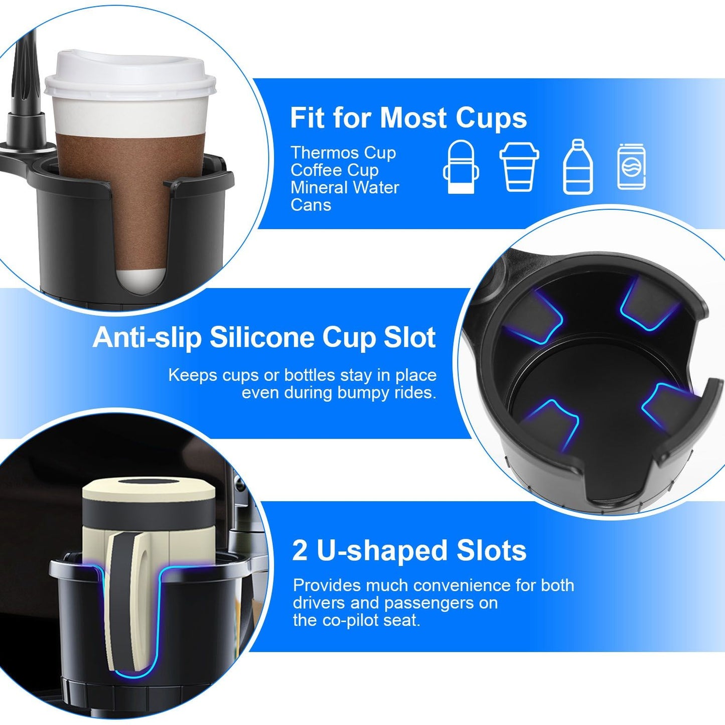Car cup holder with anti-slip silicone slot design, fits various cup sizes, and features two U-shaped slots for added convenience in vehicles.