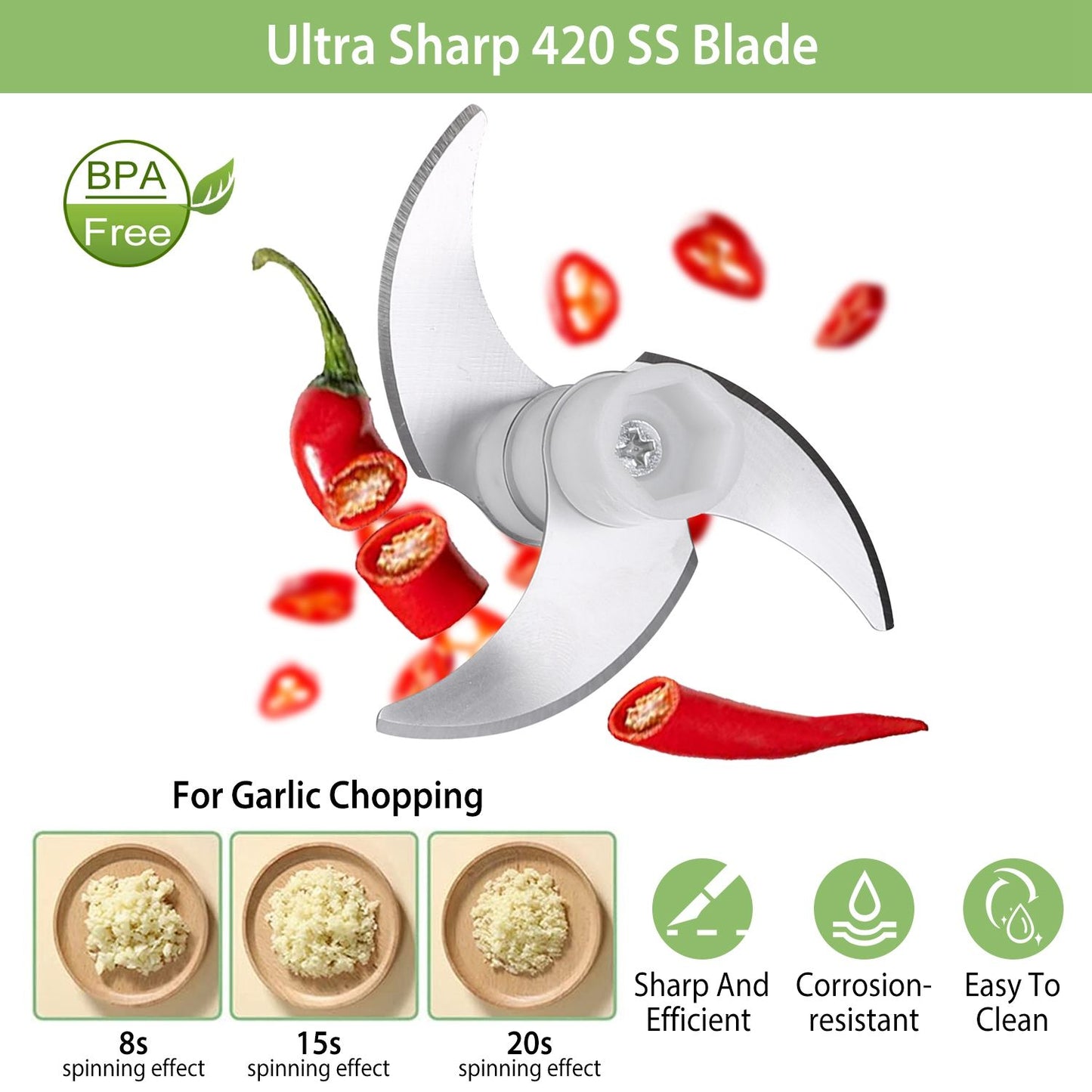 Ultra sharp 420 stainless steel blade designed for efficient garlic chopping, featuring a BPA-free design, with chopped chili peppers in the background and clear visual instructions on chopping times.