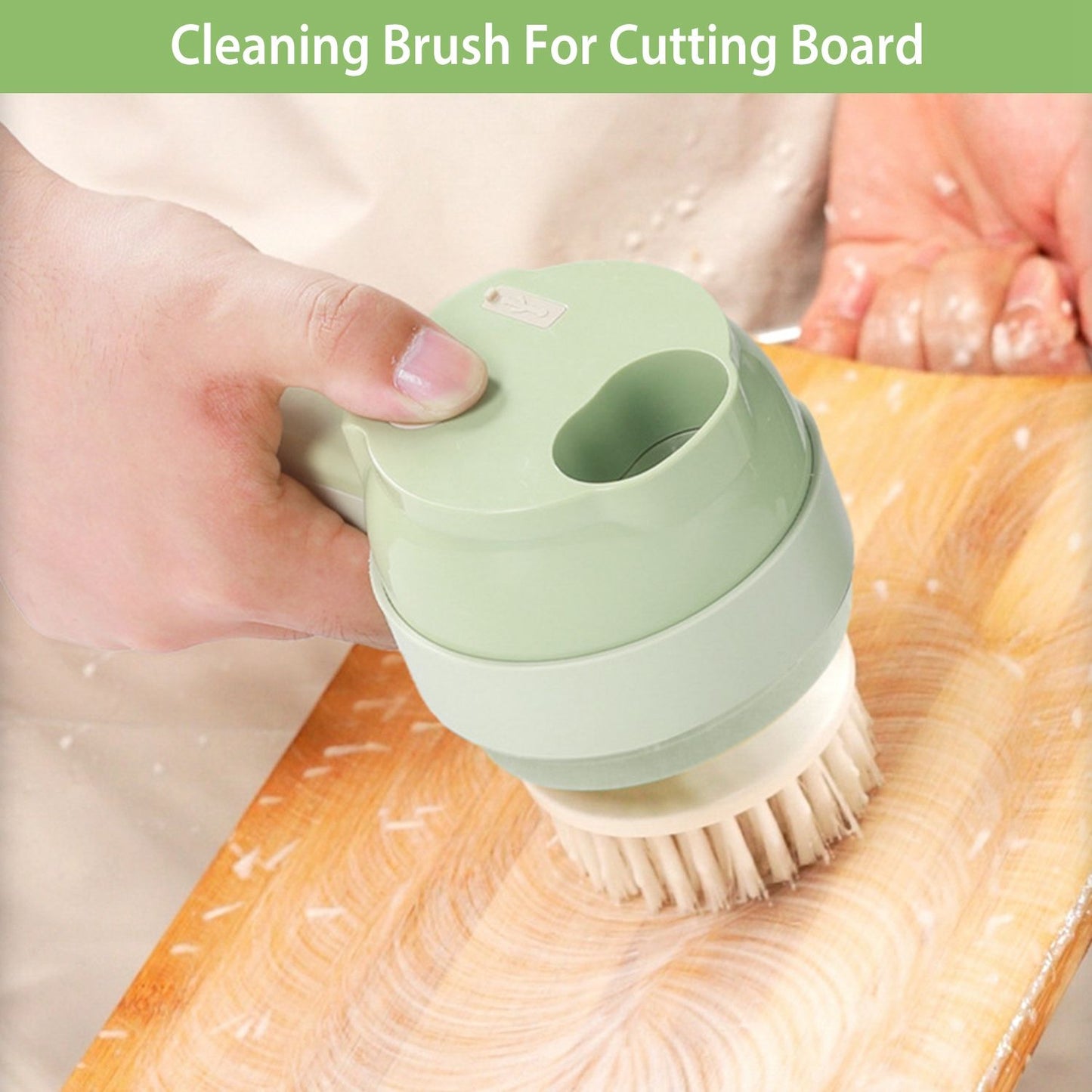 Cleaning brush for cutting boards, featuring a person's hand holding a green ergonomic brush, scrubbing a wooden cutting board to remove debris and food residue.