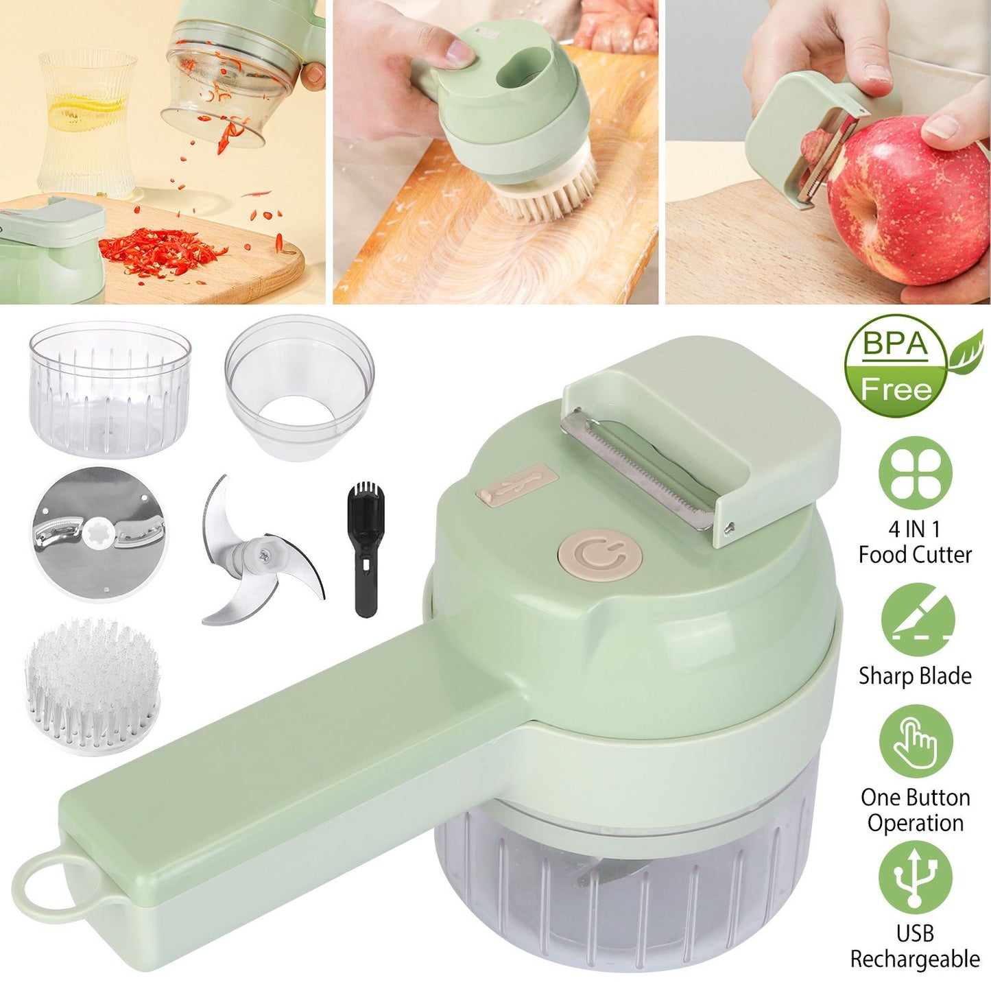 4-in-1 food cutter in green color, featuring a USB rechargeable design, sharp blade, BPA-free materials, and multiple attachments for versatile food preparation.