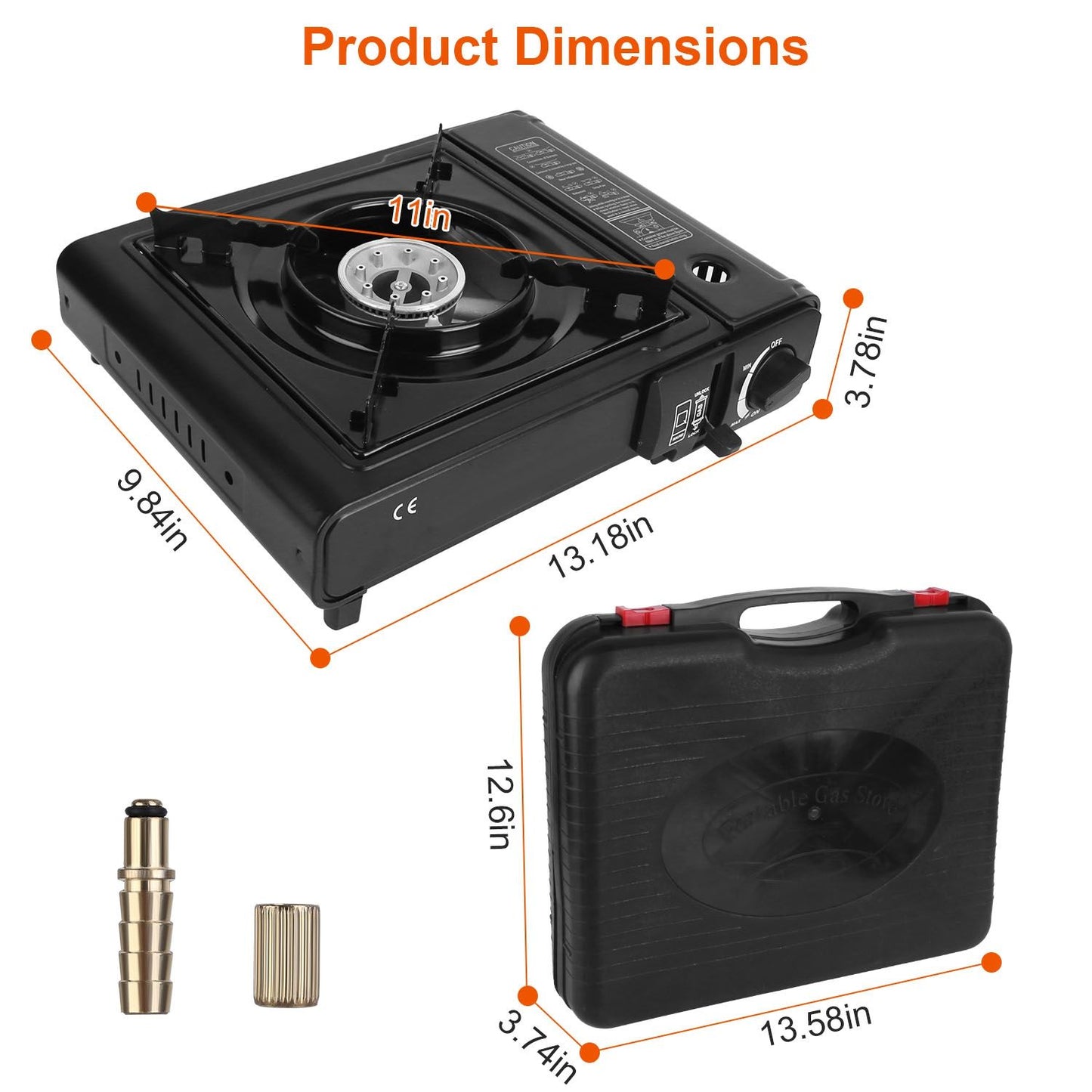 Portable gas stove dimensions with a 11-inch cooking surface and included carrying case, featuring a sleek black design and essential measurement indicators