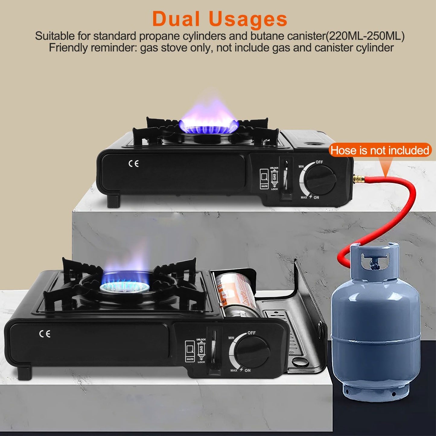 Portable dual-use gas stove with blue flame, designed for standard propane and butane canisters, highlighting safety features and usage instructions.