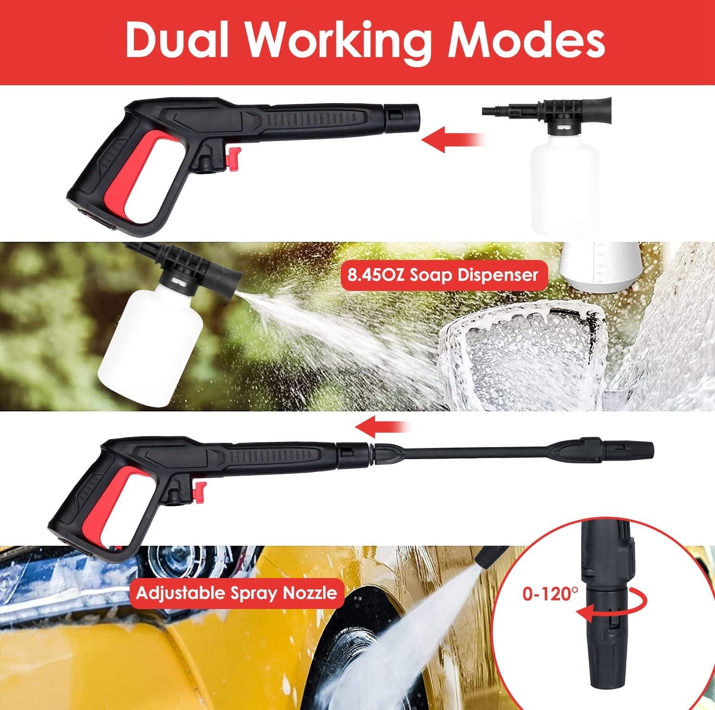 High-pressure adjustable spray gun with 8.45oz soap dispenser, featuring dual working modes and a nozzle that adjusts from 0 to 120 degrees for versatile cleaning applications.