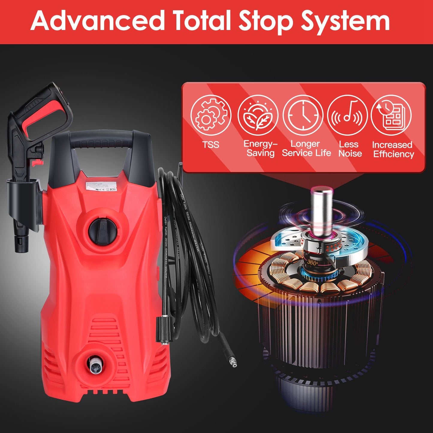 Red electric pressure washer featuring an advanced Total Stop System (TSS) for energy savings, longer service life, reduced noise, and increased efficiency, with a high-performance motor design.