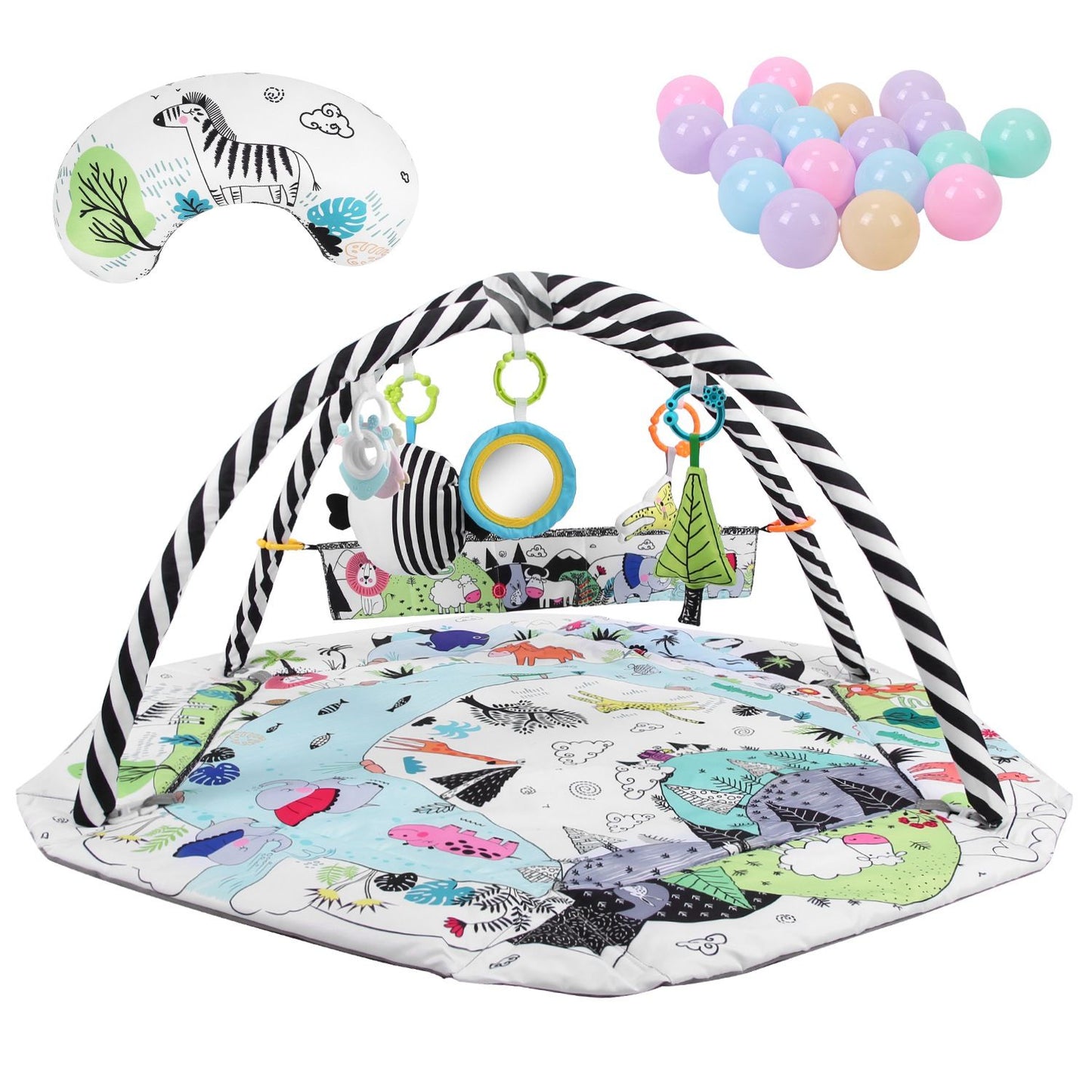 Colorful baby activity play gym with black and white striped arches, soft padded mat featuring whimsical animal designs, attached toys including a mirror and dangling items, accompanied by a set of pastel play balls.