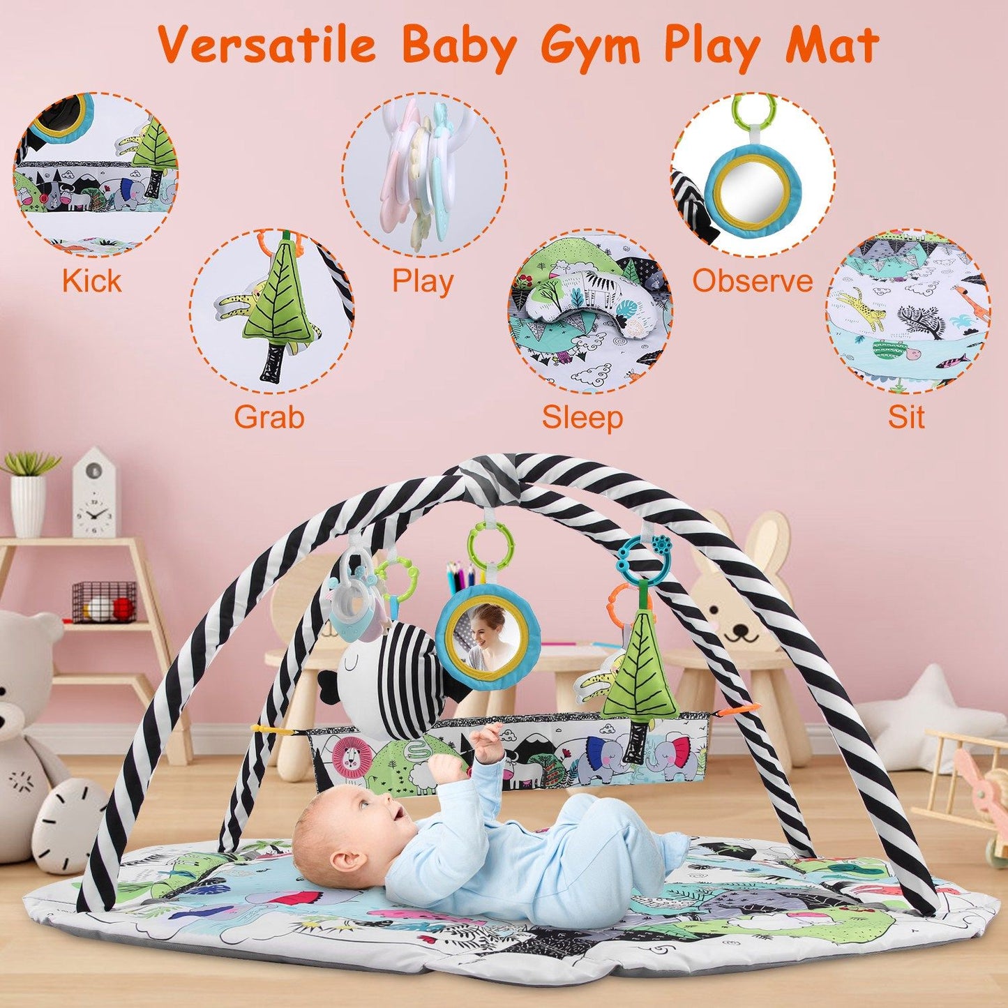 Versatile baby gym play mat featuring colorful hanging toys, a soft padded surface for babies to kick, grab, play, and observe, ideal for encouraging sensory development and tummy time activities.
