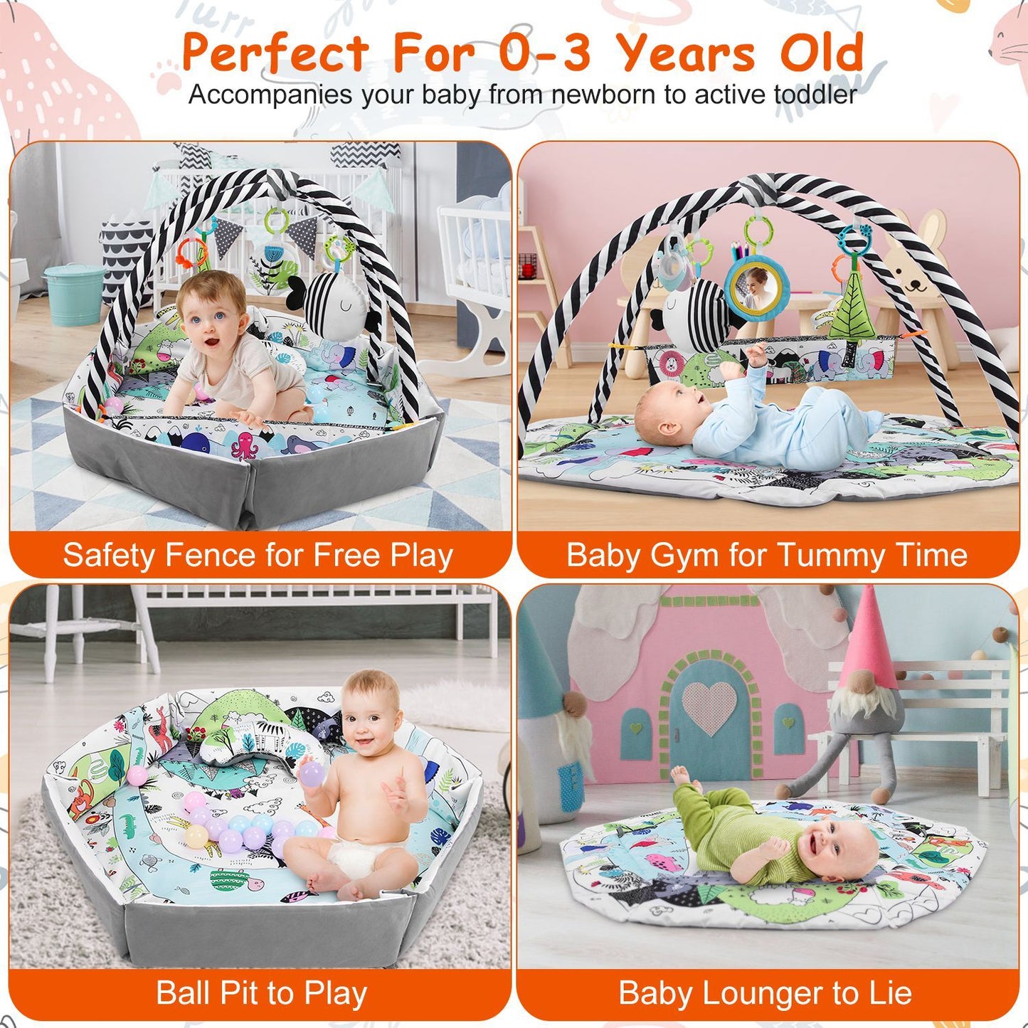 Baby playmat with safety fence, gym for tummy time, ball pit, and lounger for infants aged 0-3 years, featuring colorful designs and engaging toys for development.
