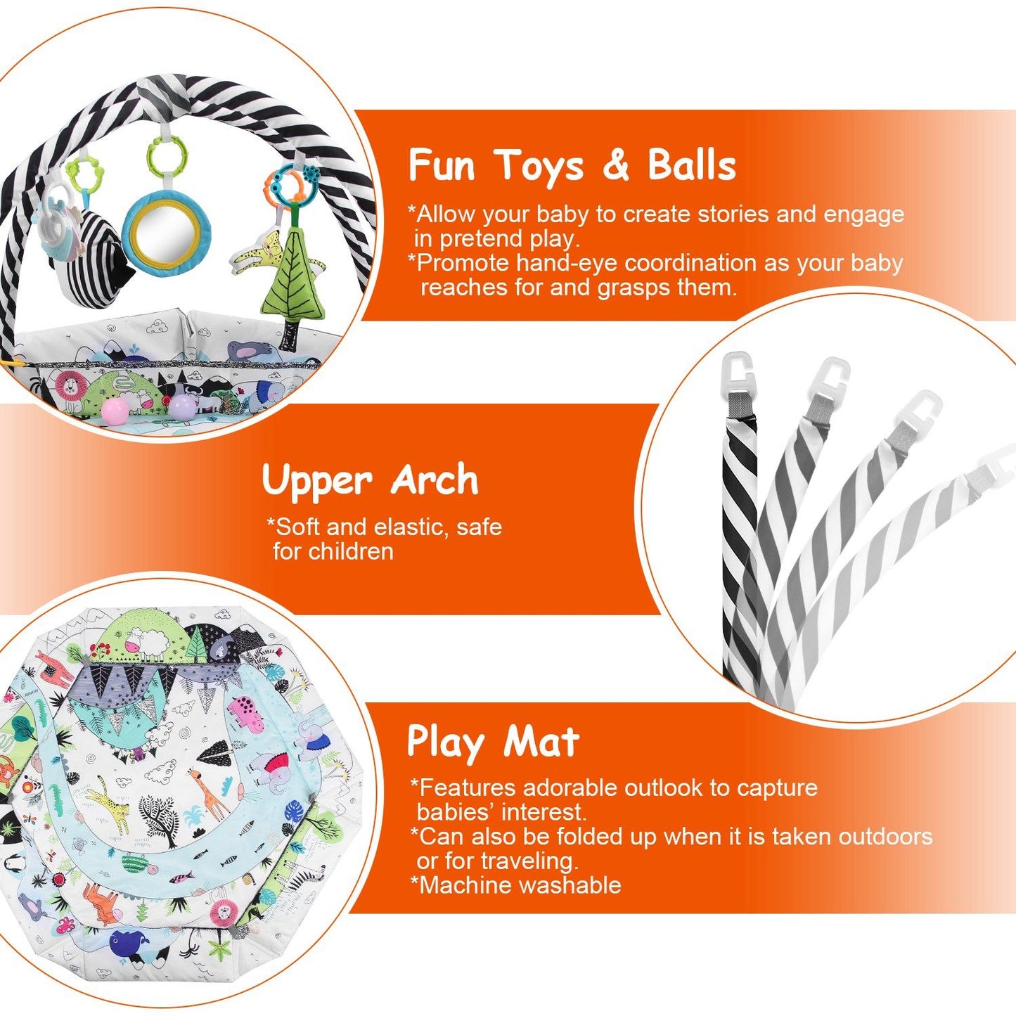 Colorful baby play mat with an upper arch featuring soft, safe toys and a machine washable design, promoting hand-eye coordination and pretend play.