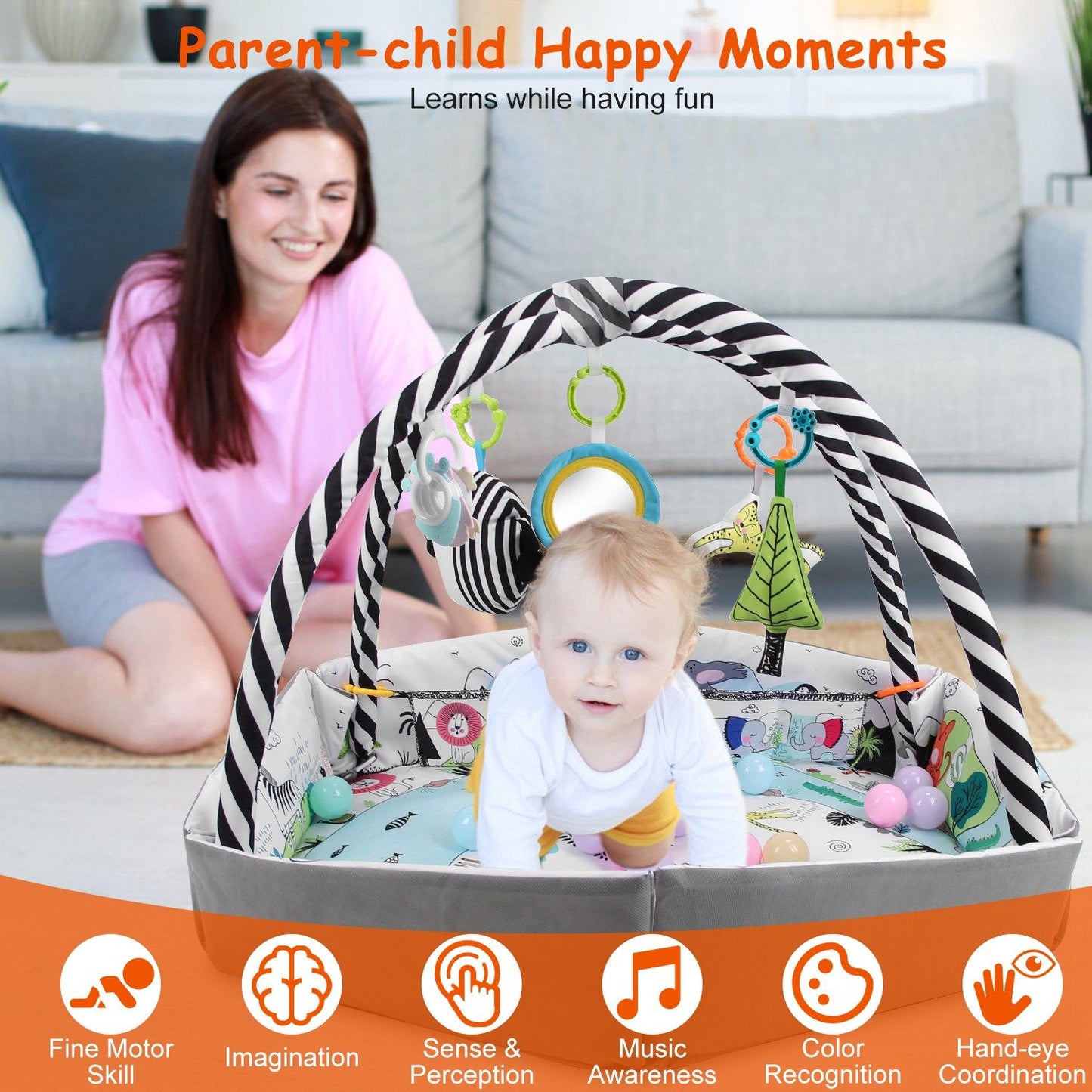Infant play gym with colorful toys and a parent engaging with a baby, promoting fine motor skills, imagination, and sensory development.