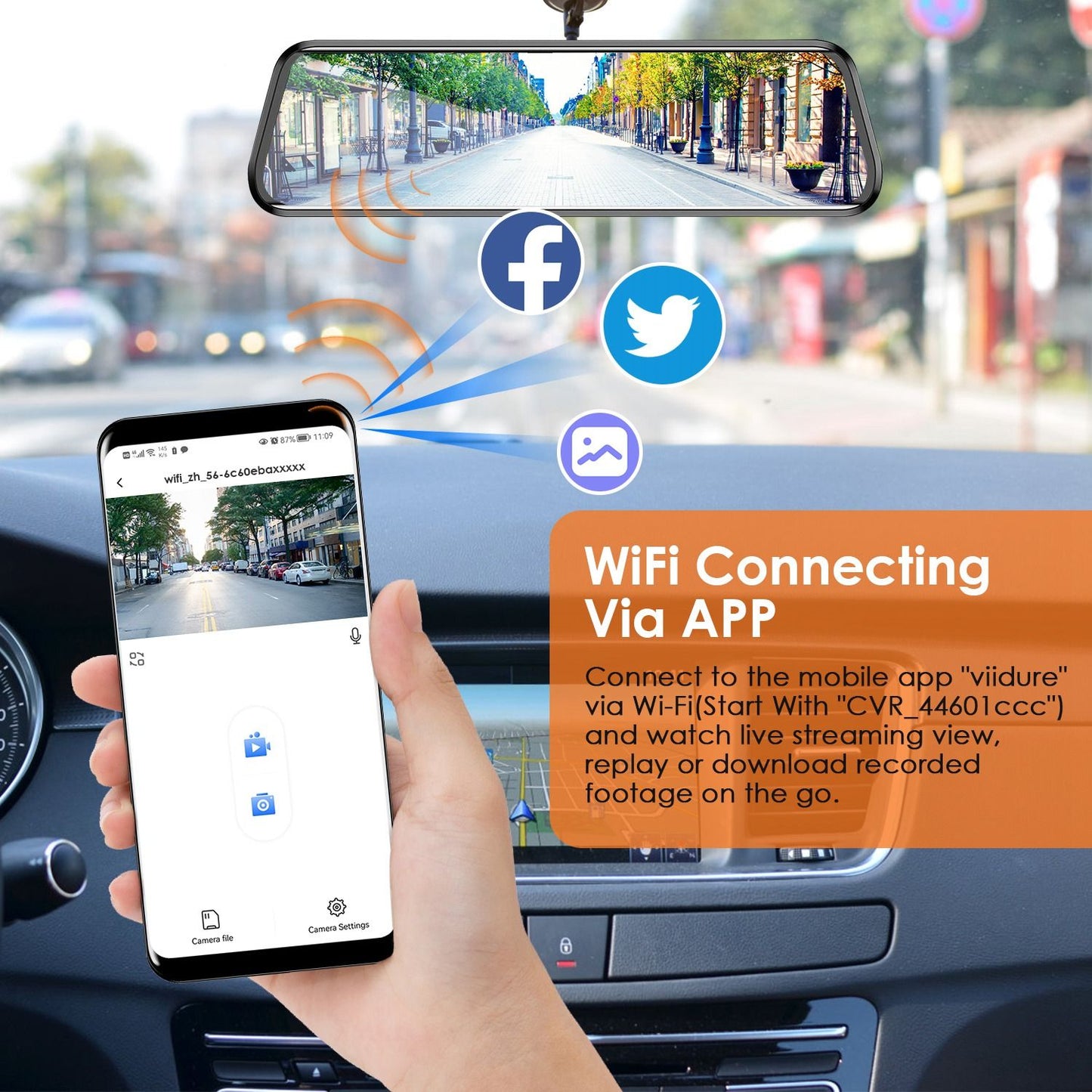 Smartphone displaying the "viidure" app for connecting to a car dashcam via Wi-Fi, showcasing live streaming and footage replay features, with a city street view shown on the dashcam monitor.
