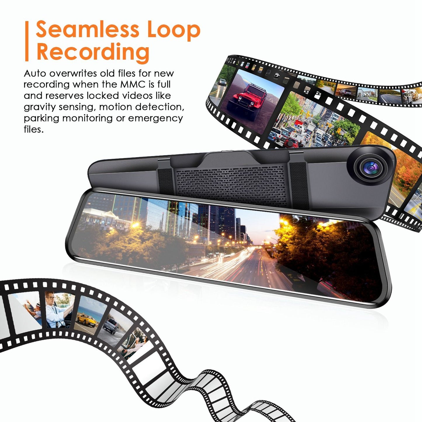 Dashboard camera with seamless loop recording feature, displaying a nighttime city scene on the screen with dynamic video clips in the background.