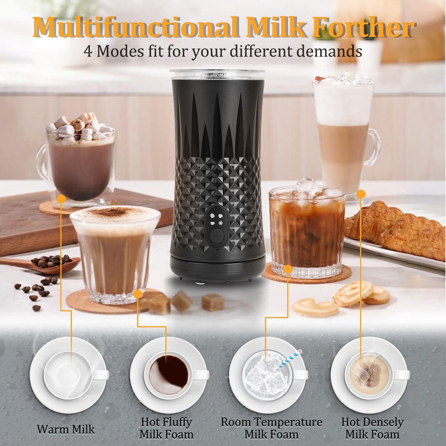 Multifunctional milk frother with four modes displayed alongside various beverages, including warm milk, hot fluffy foam, room temperature foam, and hot densely foamed milk, on a stylish kitchen countertop.