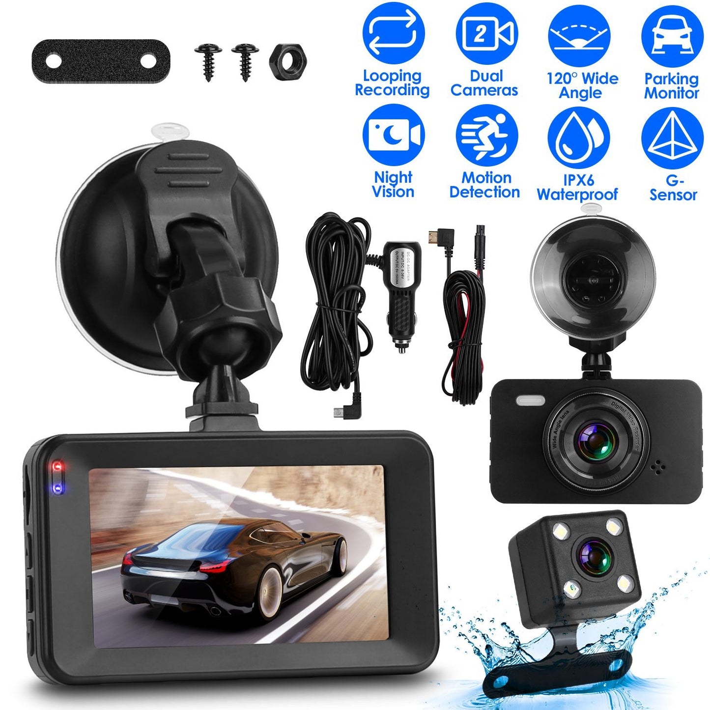 Car dashboard camera with dual lenses, 120° wide angle, night vision, waterproof design, and included accessories for secure mounting and operation.