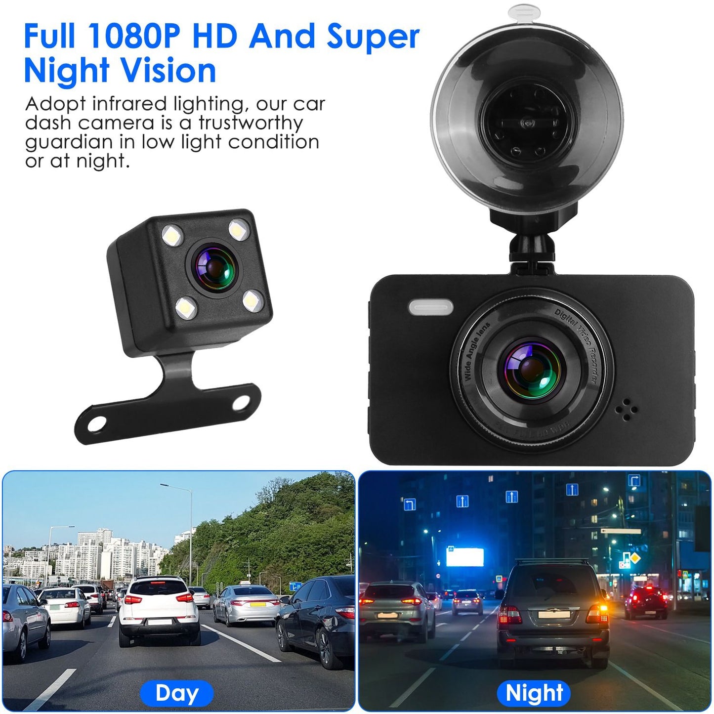Car dash camera with full 1080P HD and infrared night vision, showcasing both day and night driving scenes for enhanced safety and security.