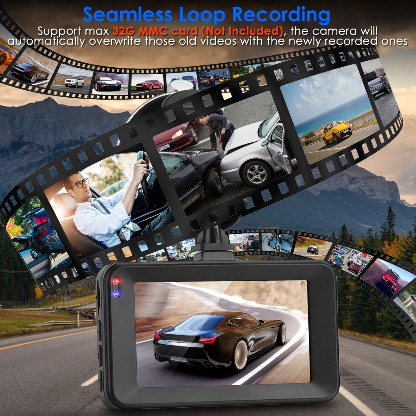 Car dashboard camera displaying seamless loop recording capability with footage of various car scenes, featuring a sleek vehicle in motion on a winding road.