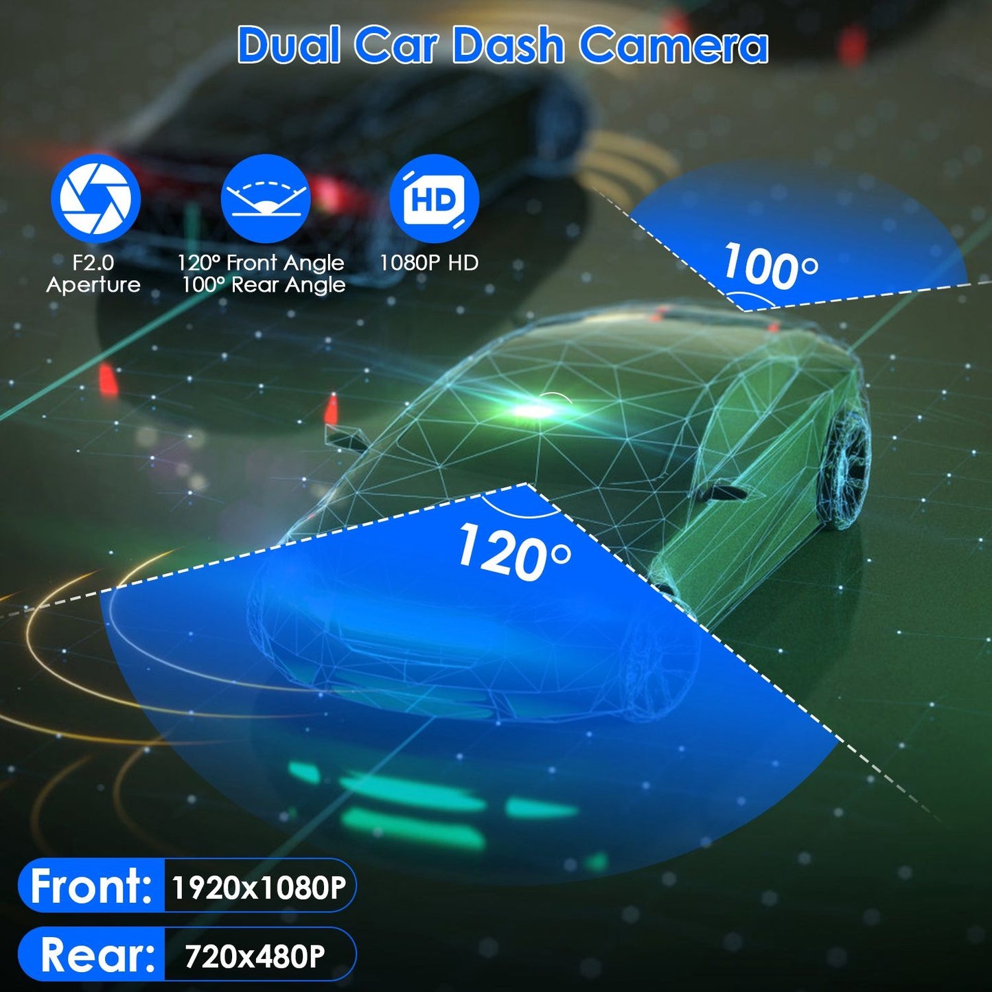 Dual car dash camera displaying 120° front and 100° rear viewing angles, featuring 1080P HD resolution for high-quality video recording, with an F2.0 aperture for enhanced nighttime performance.