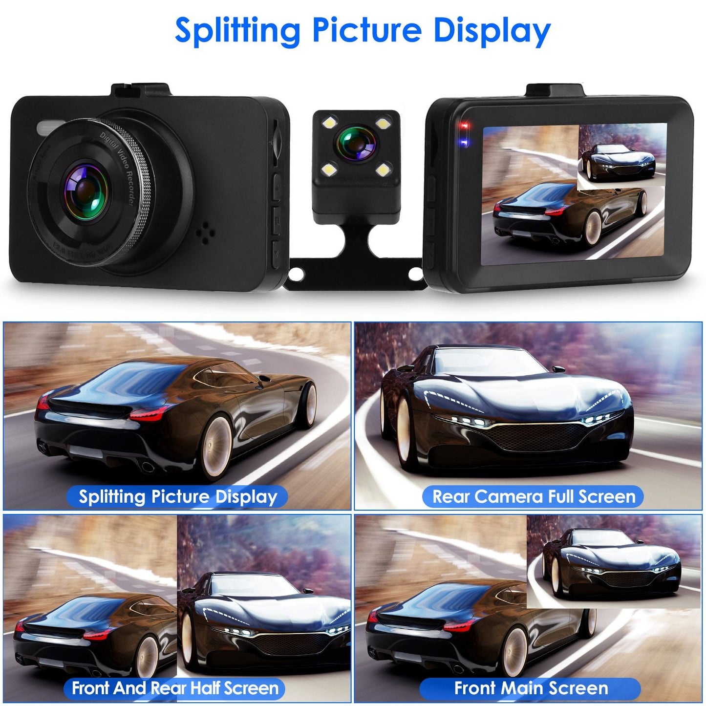 Rearview car camera display with three view options: splitting picture display, rear camera full screen, and front and rear half screen, featuring a sleek black sports car in motion.
