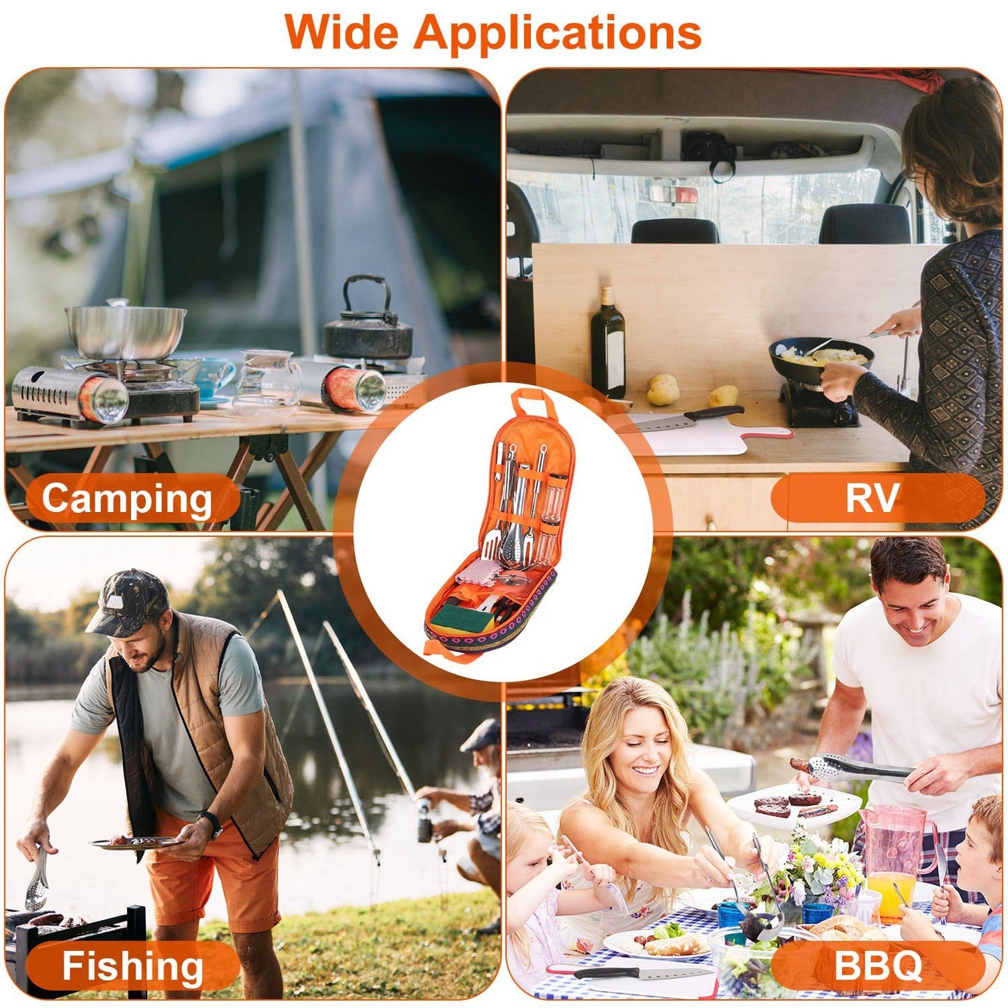 Multi-functional cooking utensil kit displayed with outdoor settings for camping, RV cooking, fishing, and BBQ gatherings, showcasing its versatility and convenience for outdoor enthusiasts.