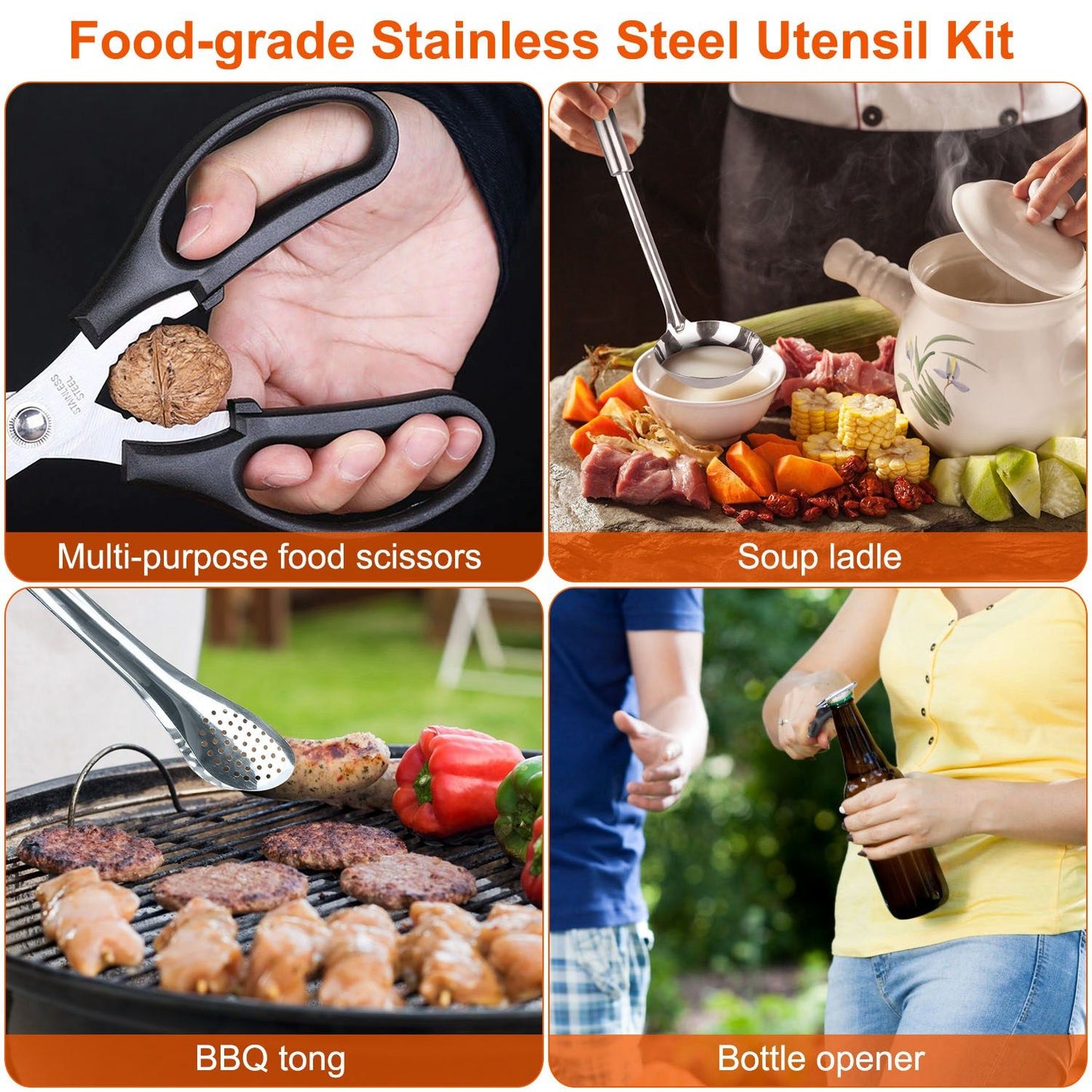 Food-grade stainless steel utensil kit featuring multi-purpose scissors, a soup ladle, BBQ tongs with grilling meat, and a bottle opener being used outdoors.
