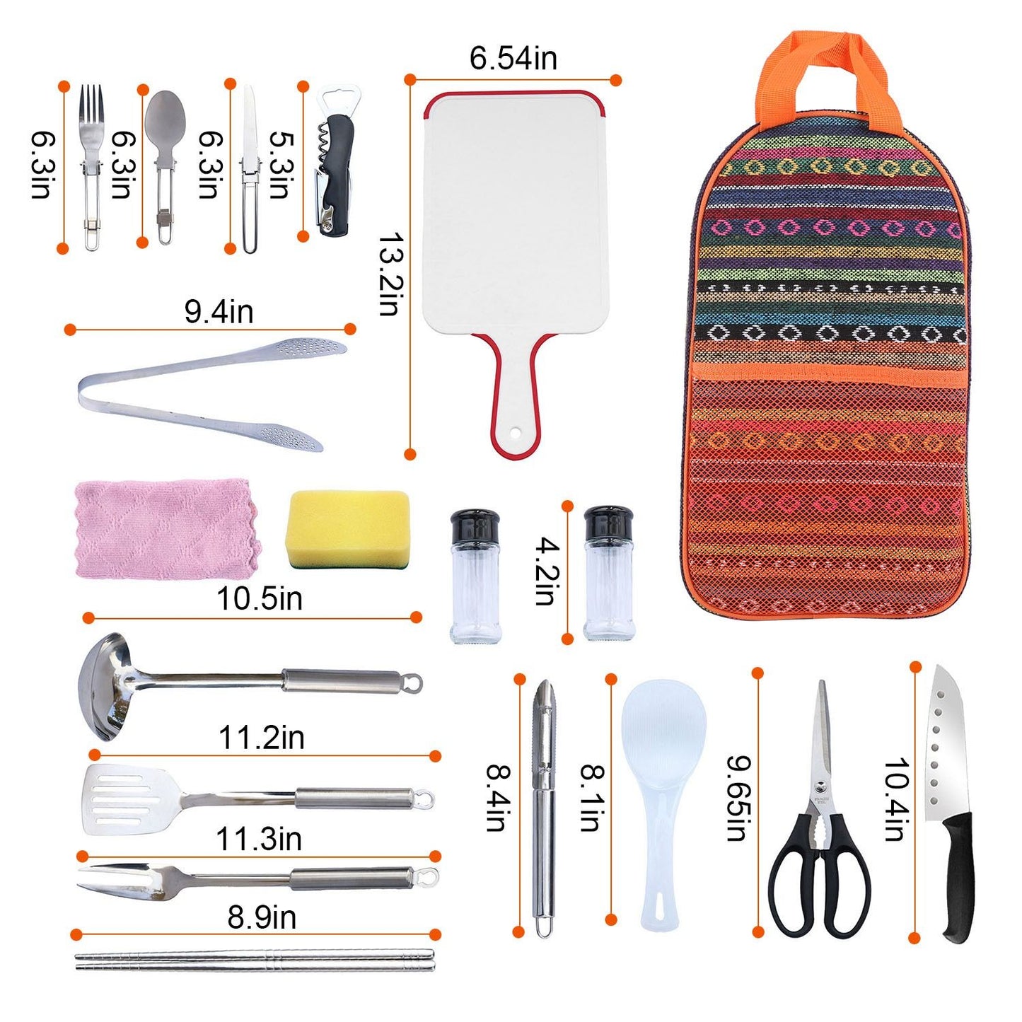 Colorful 15-piece kitchen utensil set including measuring spoon, spatula, ladle, knife, tongs, scissors, and more, neatly organized in a vibrant carrying case.