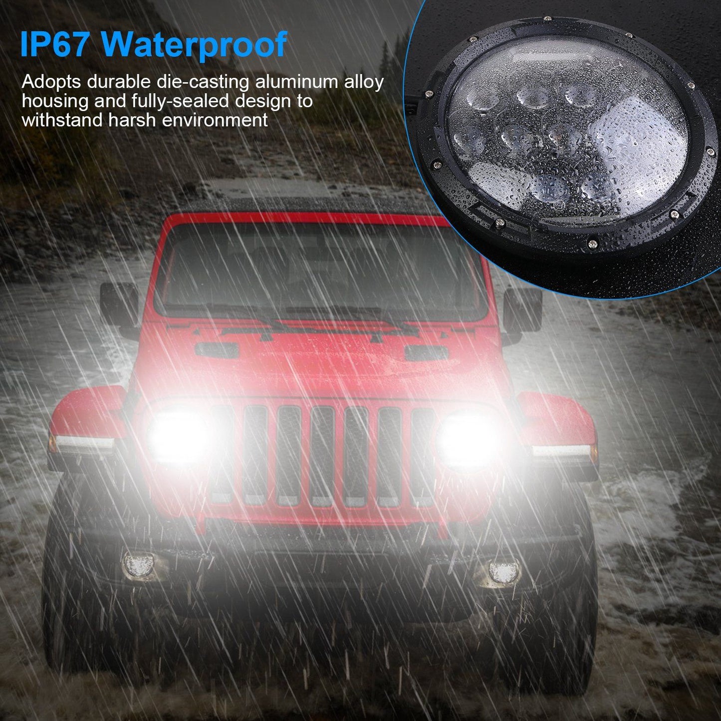 LED off-road light with IP67 waterproof rating, showcased with a red Jeep in the rain, demonstrating its durable aluminum alloy housing and fully-sealed design for harsh environments.