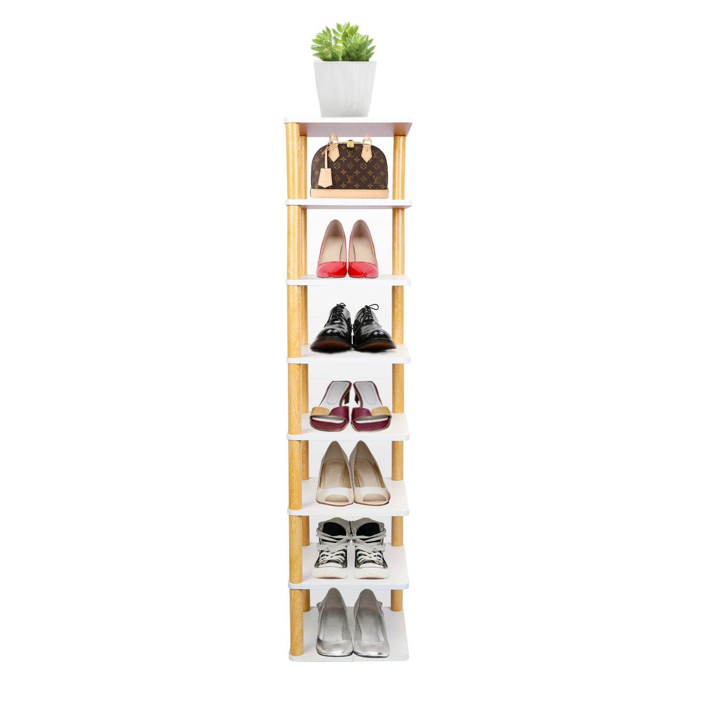 Stylish shoe rack with multiple shelves displaying various footwear including high heels, dress shoes, and sneakers, topped with a potted plant for a decorative touch.