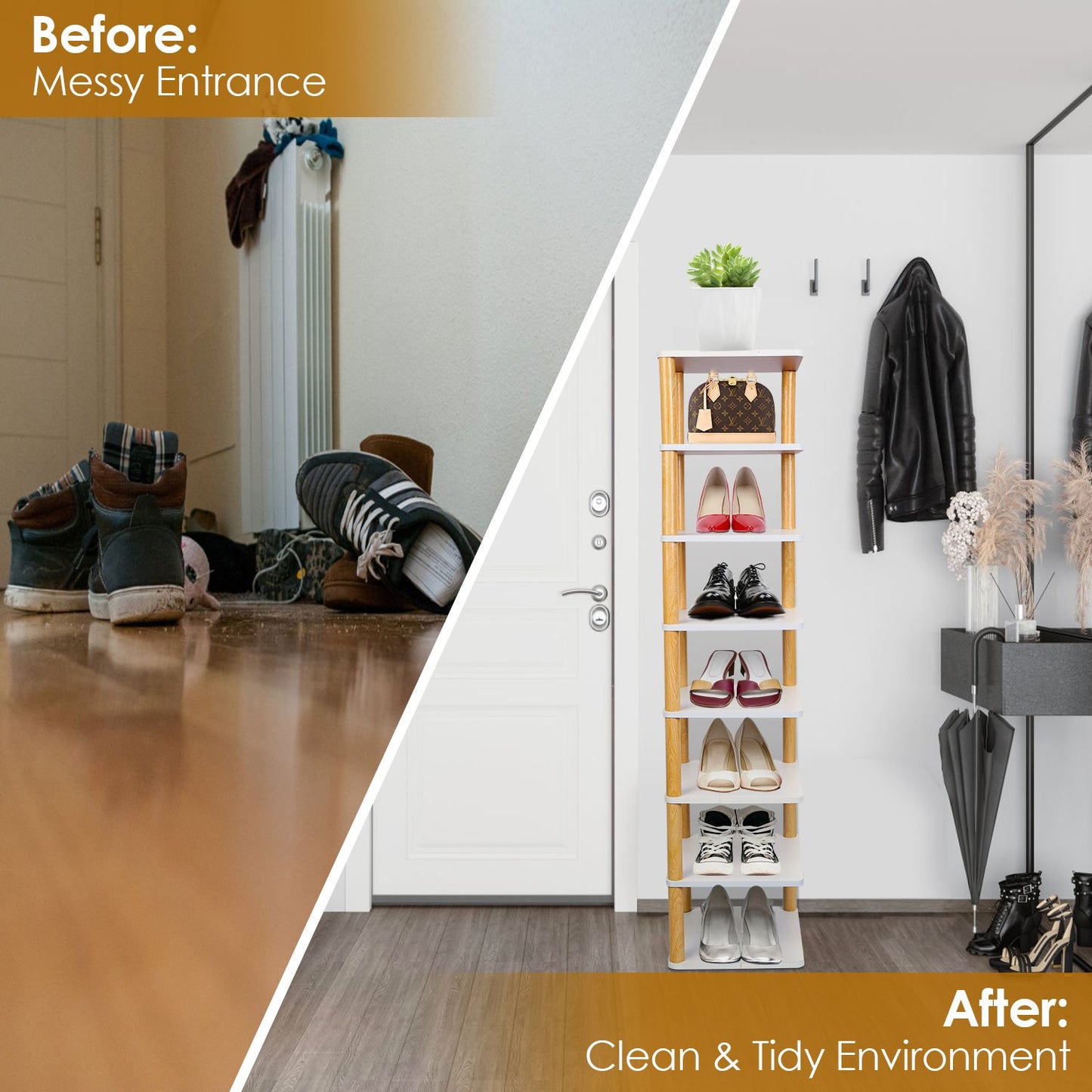 Before and after image of an entrance space, showcasing a cluttered area with shoes on the floor transitioning to an organized and tidy setup featuring a stylish shoe rack with polished shoes and accessories.