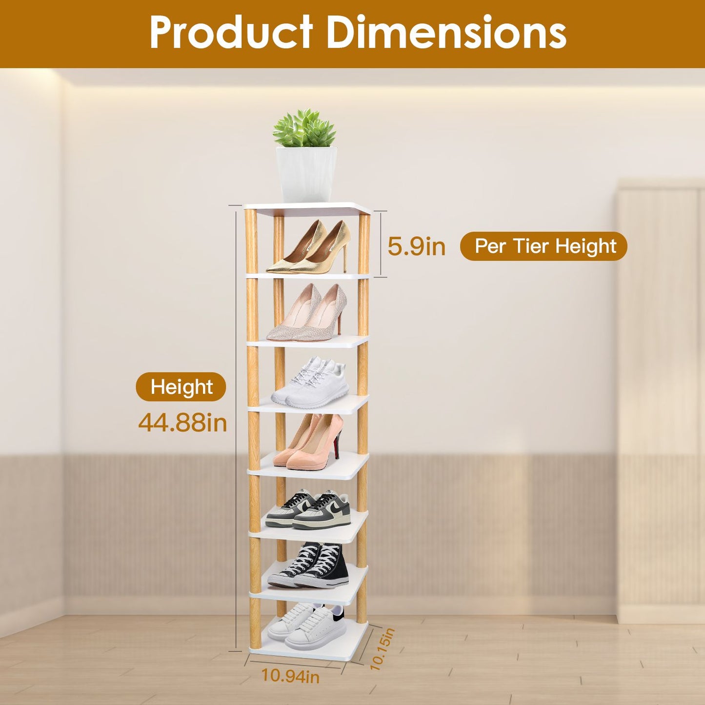 Vertical shoe rack with seven shelves displaying various types of shoes, measuring 44.88 inches in height and 5.9 inches per tier, with a decorative plant on top, perfect for organized storage.