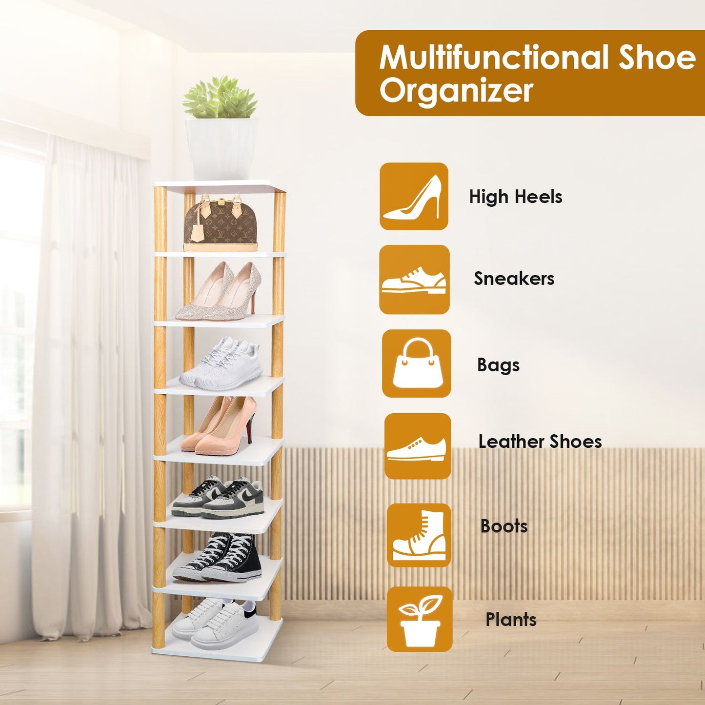 Multifunctional wooden shoe organizer with multiple shelves displaying various types of shoes and bags, topped with a potted plant, ideal for home storage solutions.