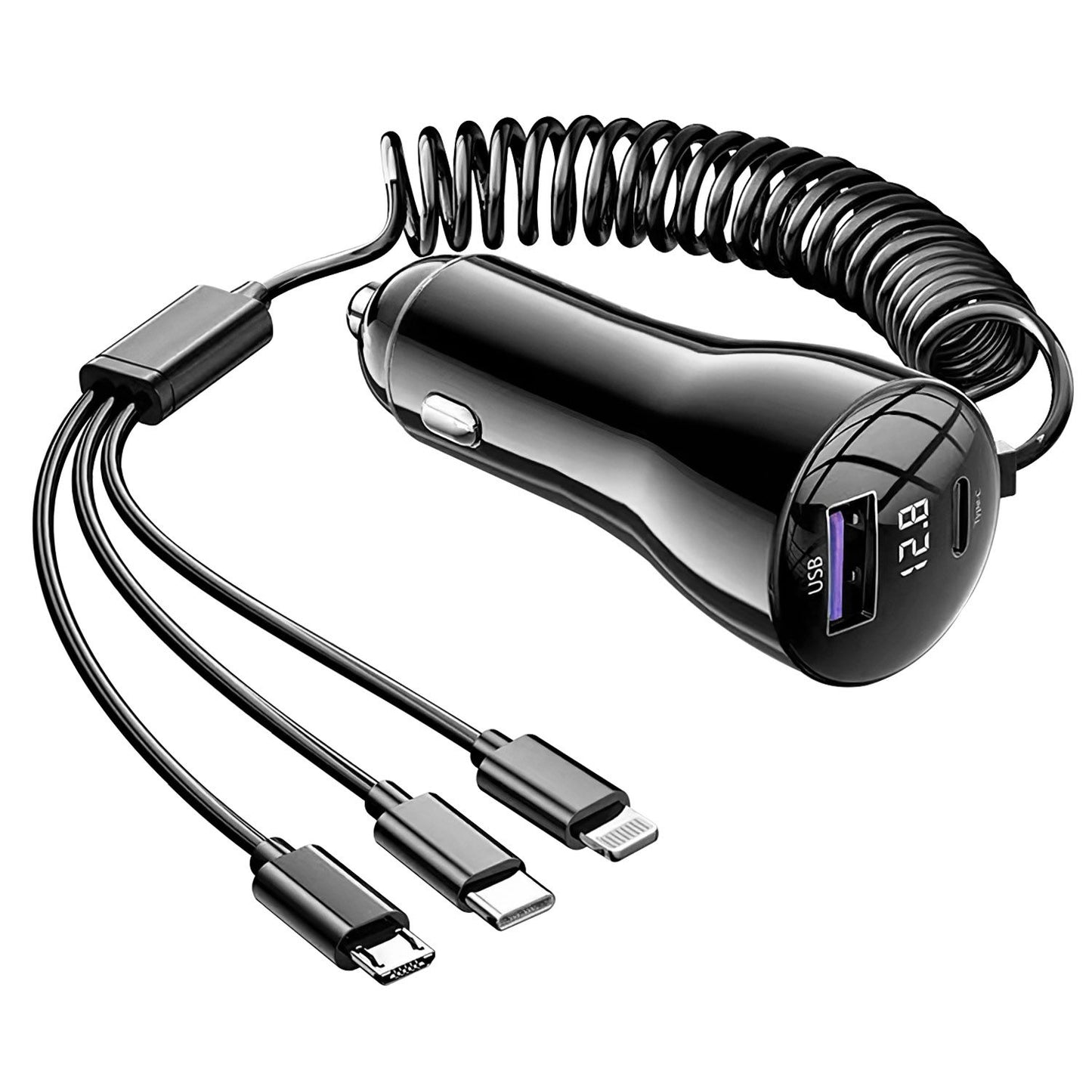 Smart car charger with multiple charging cables and digital display for fast charging mobile devices, featuring a sleek black design and coiled cable.