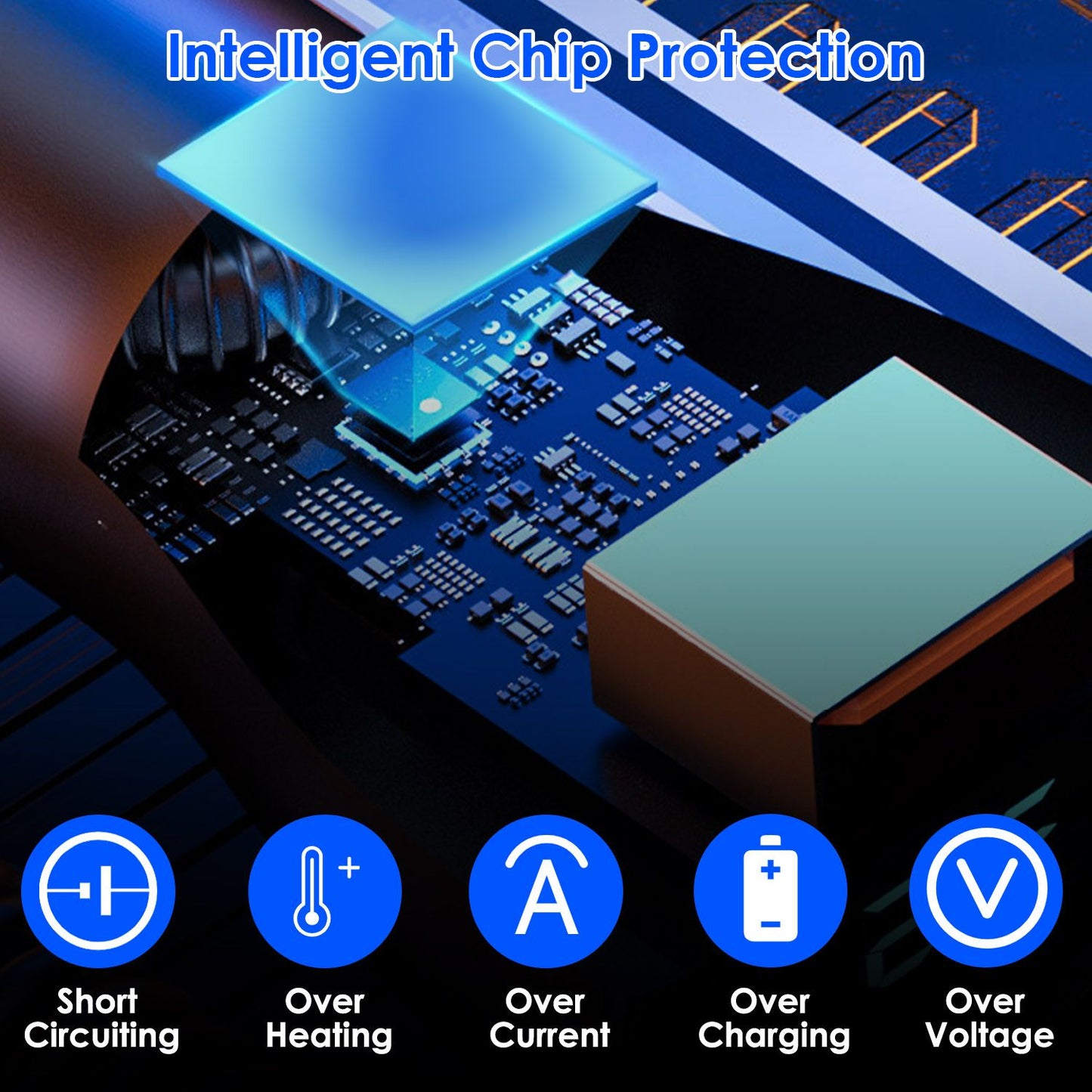 Image of a computer motherboard featuring intelligent chip protection technology, highlighting safety measures against short circuits, overheating, overcurrent, overcharging, and overvoltage.