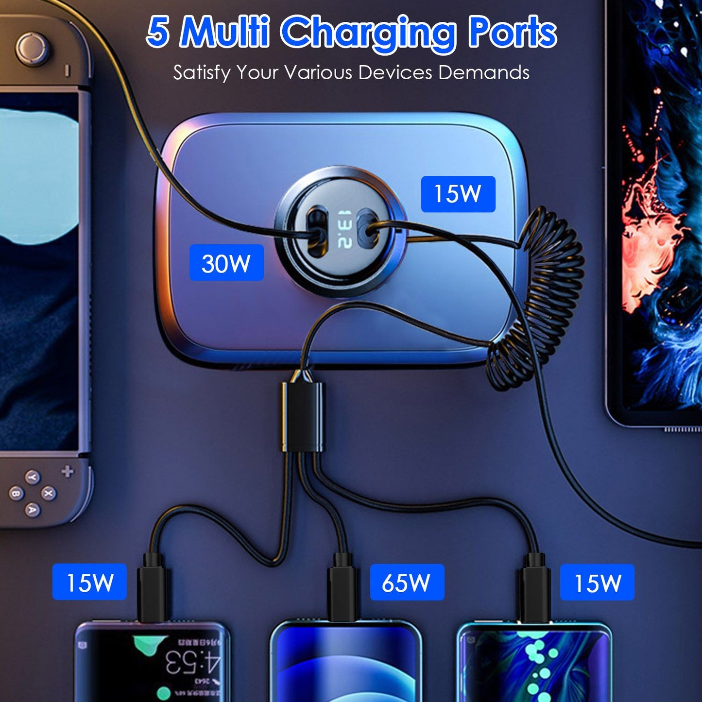 Multi-port charging station with five outputs, showcasing 30W, 65W, and two 15W ports for simultaneous device charging, compatible with smartphones and tablets.