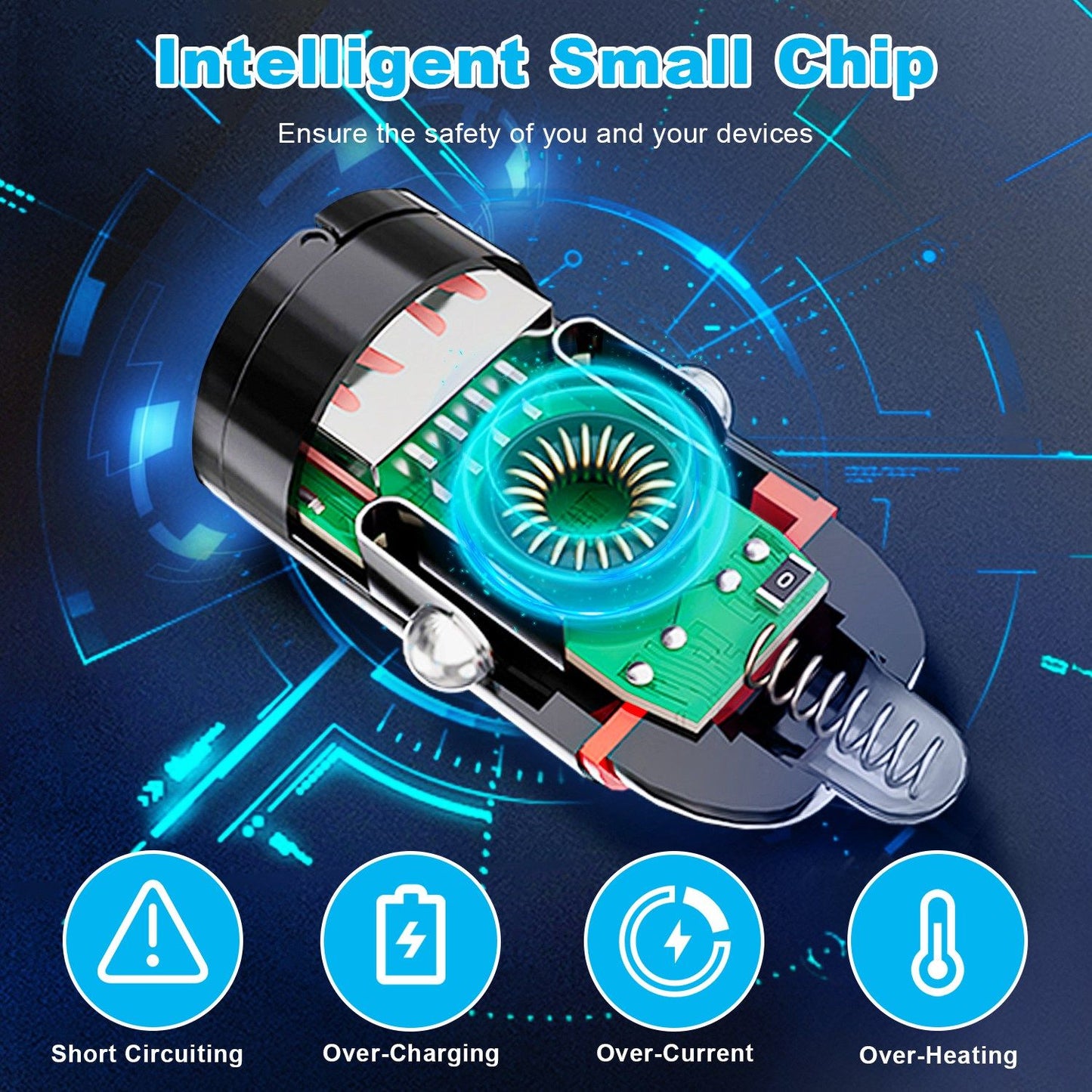 Smart safety chip for electronic devices featuring protection against short circuits, overcharging, over-current, and overheating, displayed in a colorful, high-tech design.