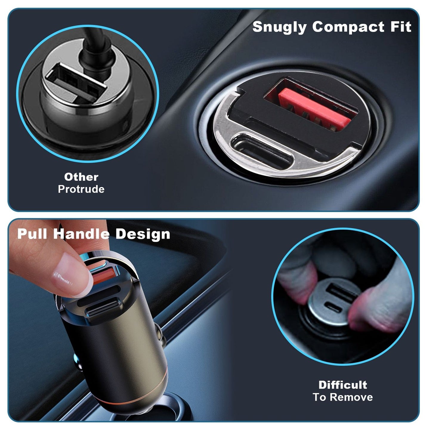 Compact car USB charger with pull handle design for easy removal, showcasing snug fit and comparison with standard protruding models. Perfect for efficient charging on-the-go.
