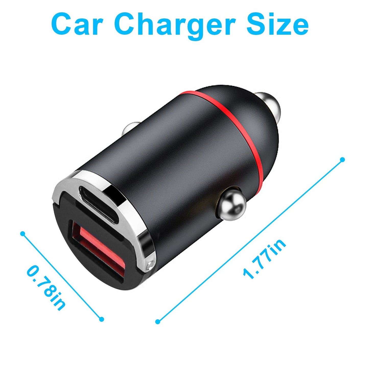 Compact dual USB car charger with dimensions 0.78 inches by 1.77 inches, featuring a sleek black design and silver accents.