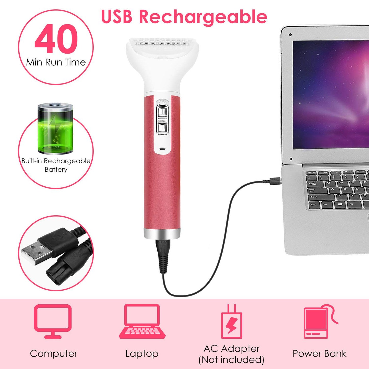 USB rechargeable hair trimmer with built-in battery, showing connection to a laptop, featuring a sleek red design and 40-minute run time.