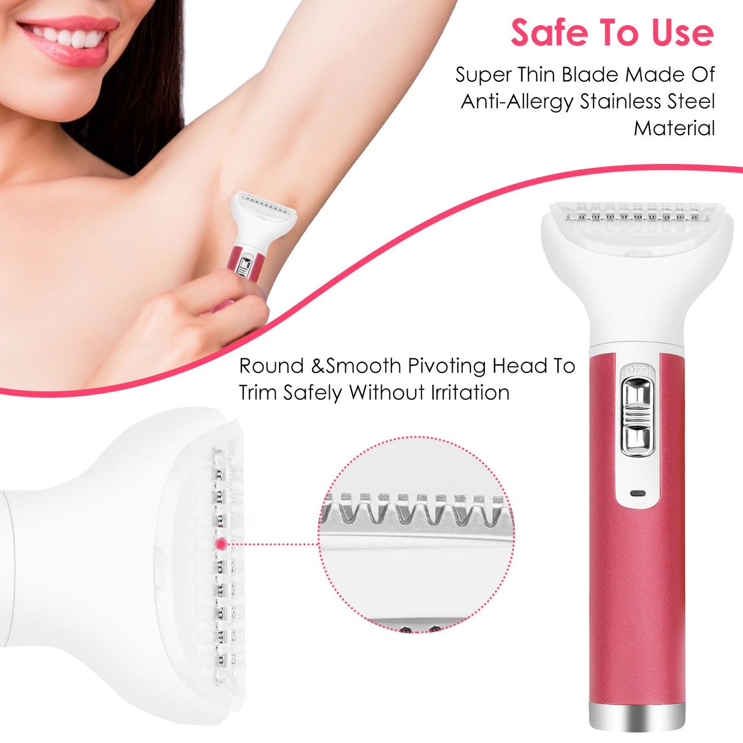 Woman using a stainless steel safety razor designed for sensitive skin, featuring a smooth pivoting head and anti-allergy blade for irritation-free trimming.
