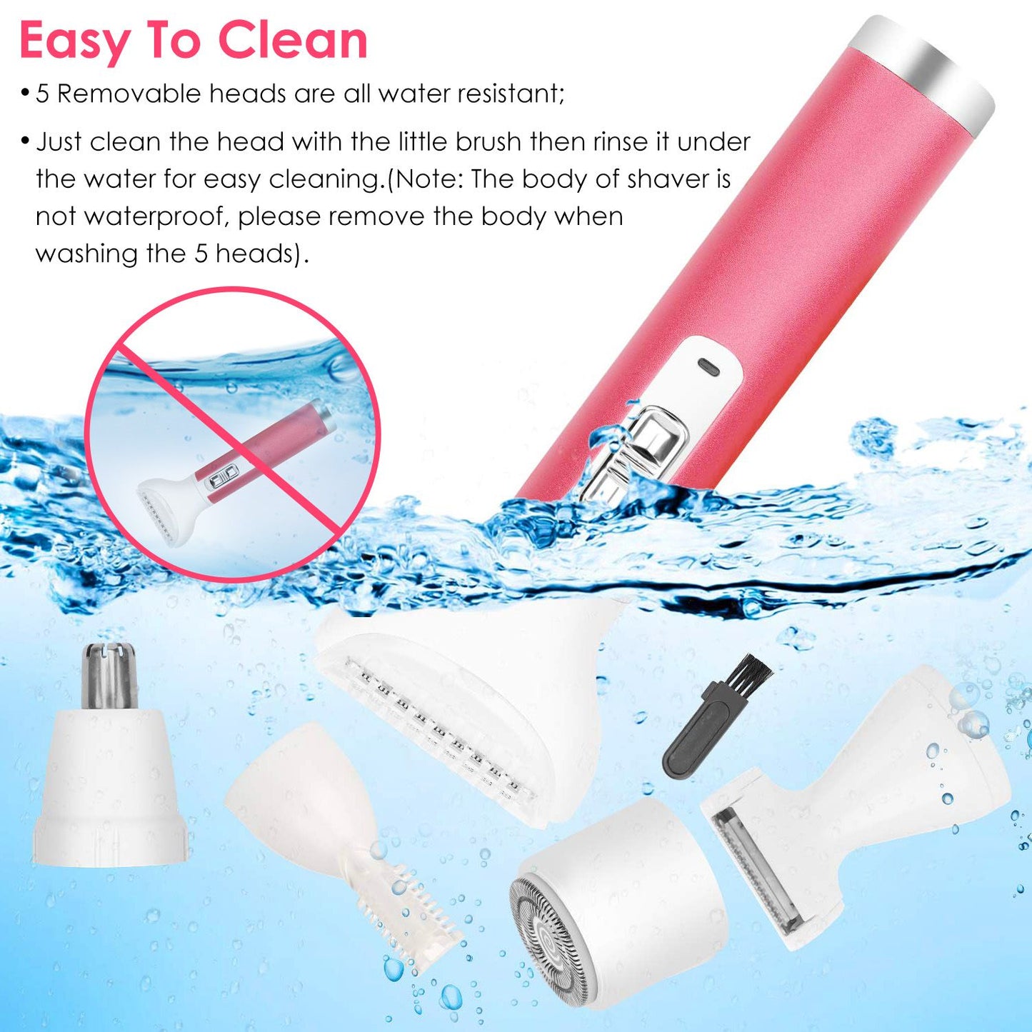 Water-resistant hair removal shaver kit with five interchangeable heads, including a cleaning brush, shown against a blue water backdrop for easy cleaning instructions.