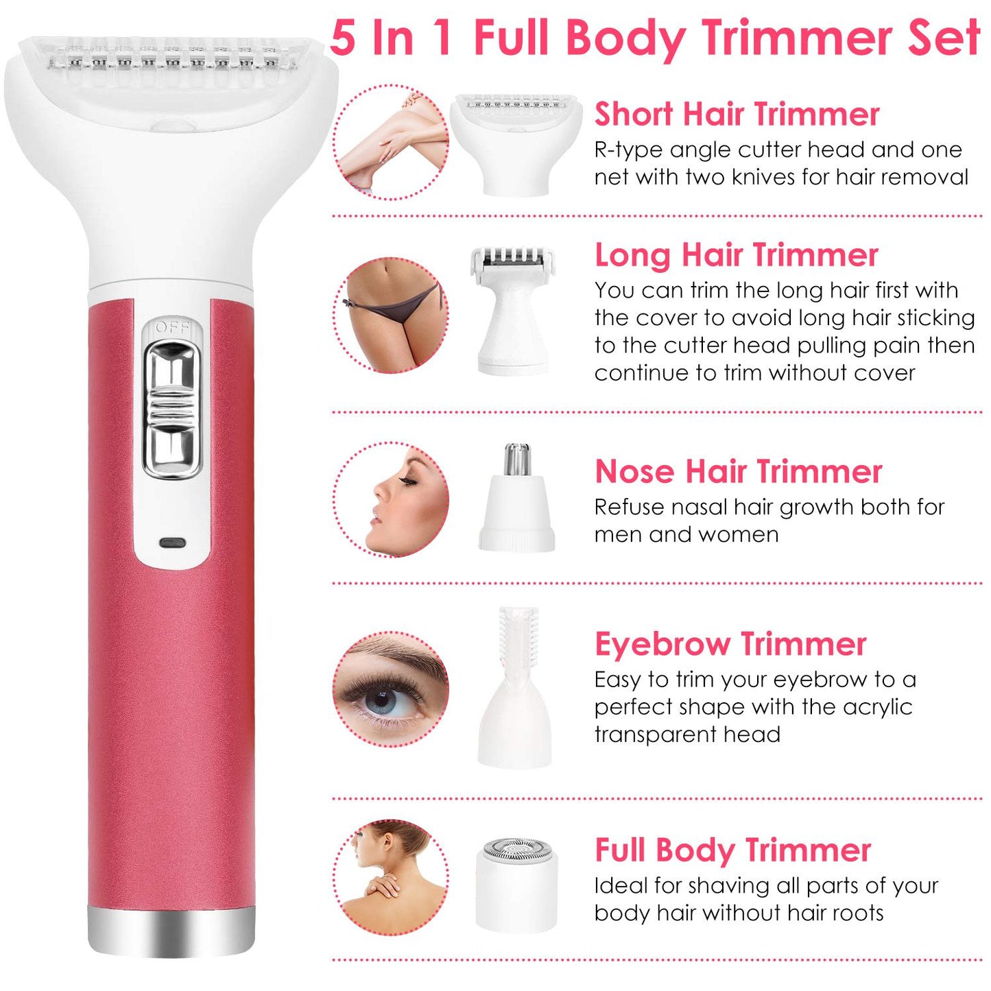 5 in 1 body trimmer set featuring short hair, long hair, nose, eyebrow, and full body trimmers for versatile grooming; designed for both men and women.